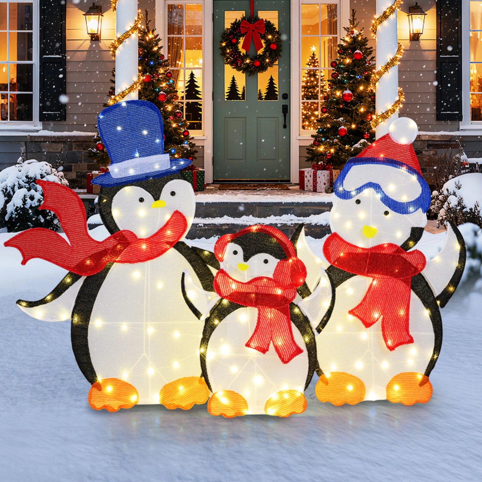 SUGIFT 3-Piece Multicolor 2D Lighted Penguin Family with 160 LED Lights 47-in H Dad 44-in H Mom 28-in H Baby