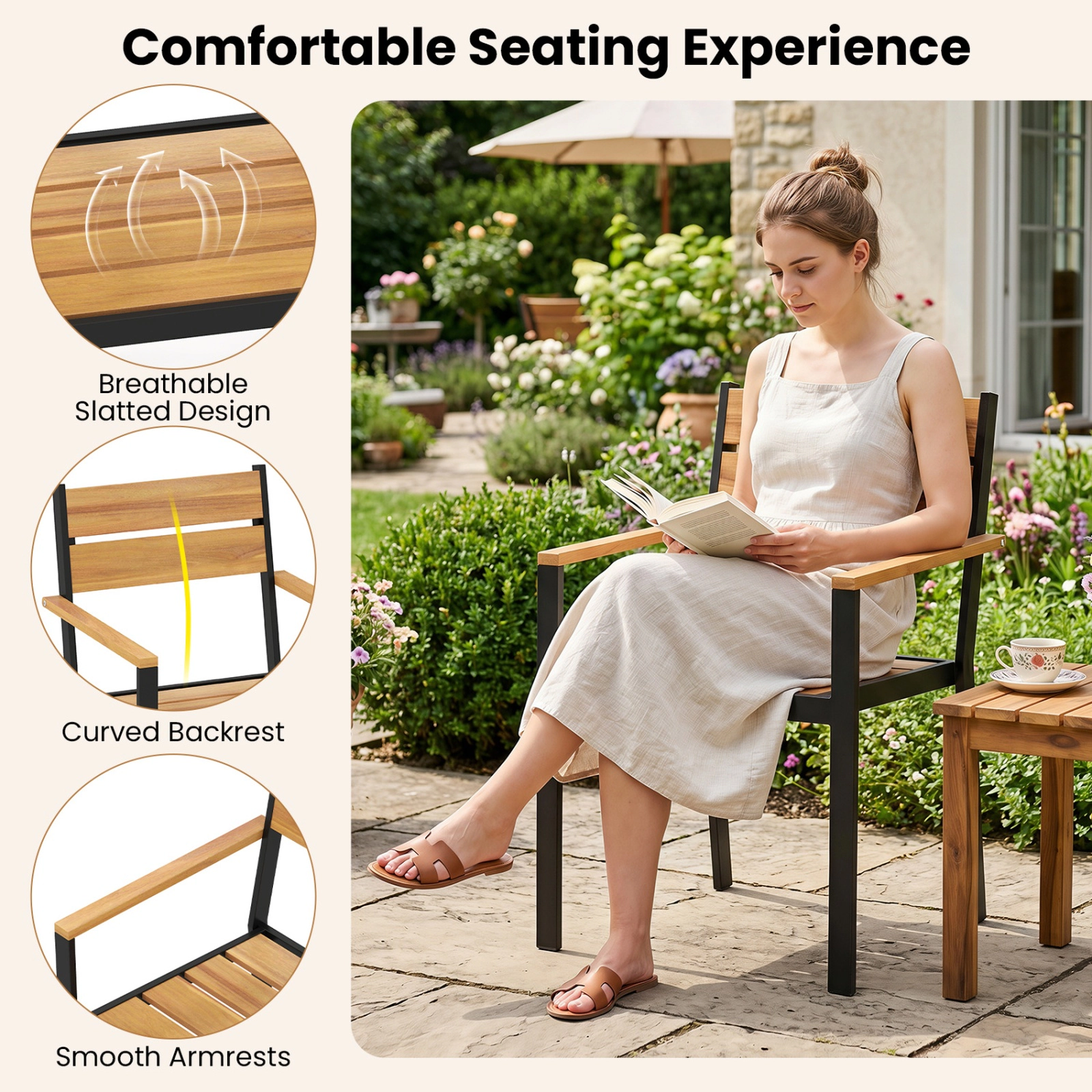 SUGIFT 2-Piece Stackable Outdoor Patio Dining Chair Set with Acacia Wood Armrests 400-Lb Capacity Brown Black
