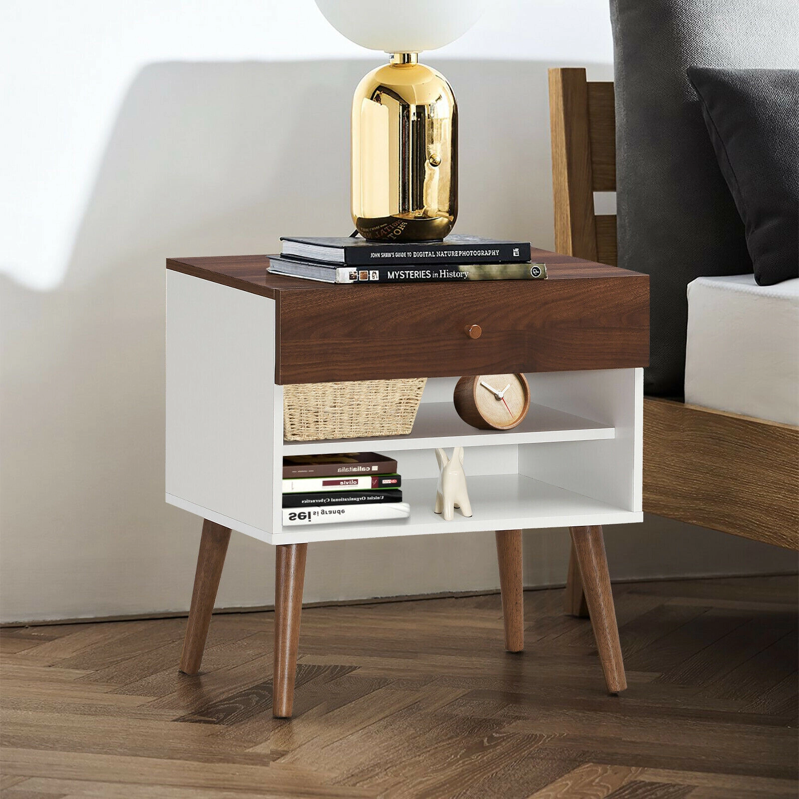 SlickBlue Retro Nightstand with Drawer and Open Storage Shelves