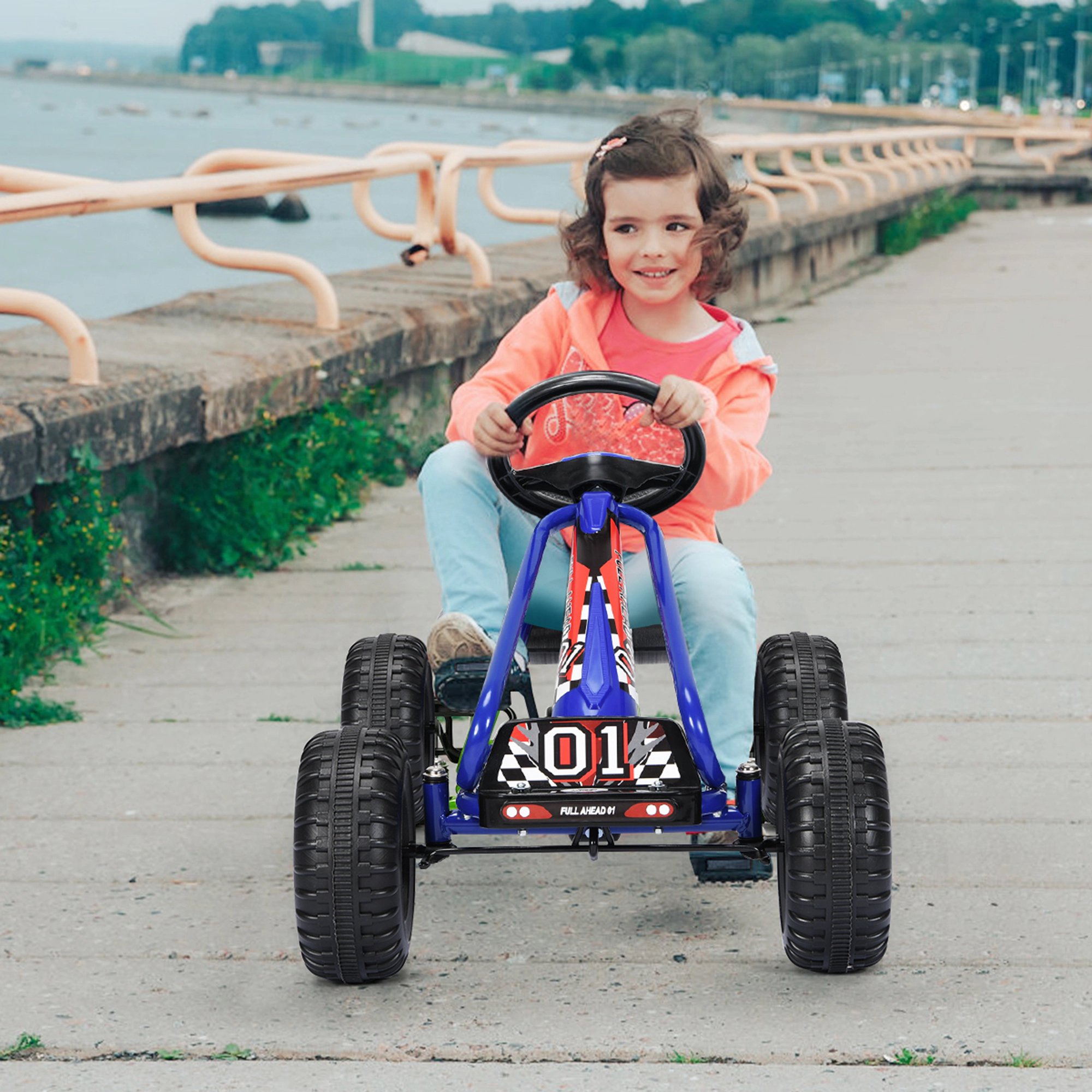 Costway Kids Pedal Go Kart 4 Wheel Ride On Toys w/ Adjustable Seat & Handbrake Red