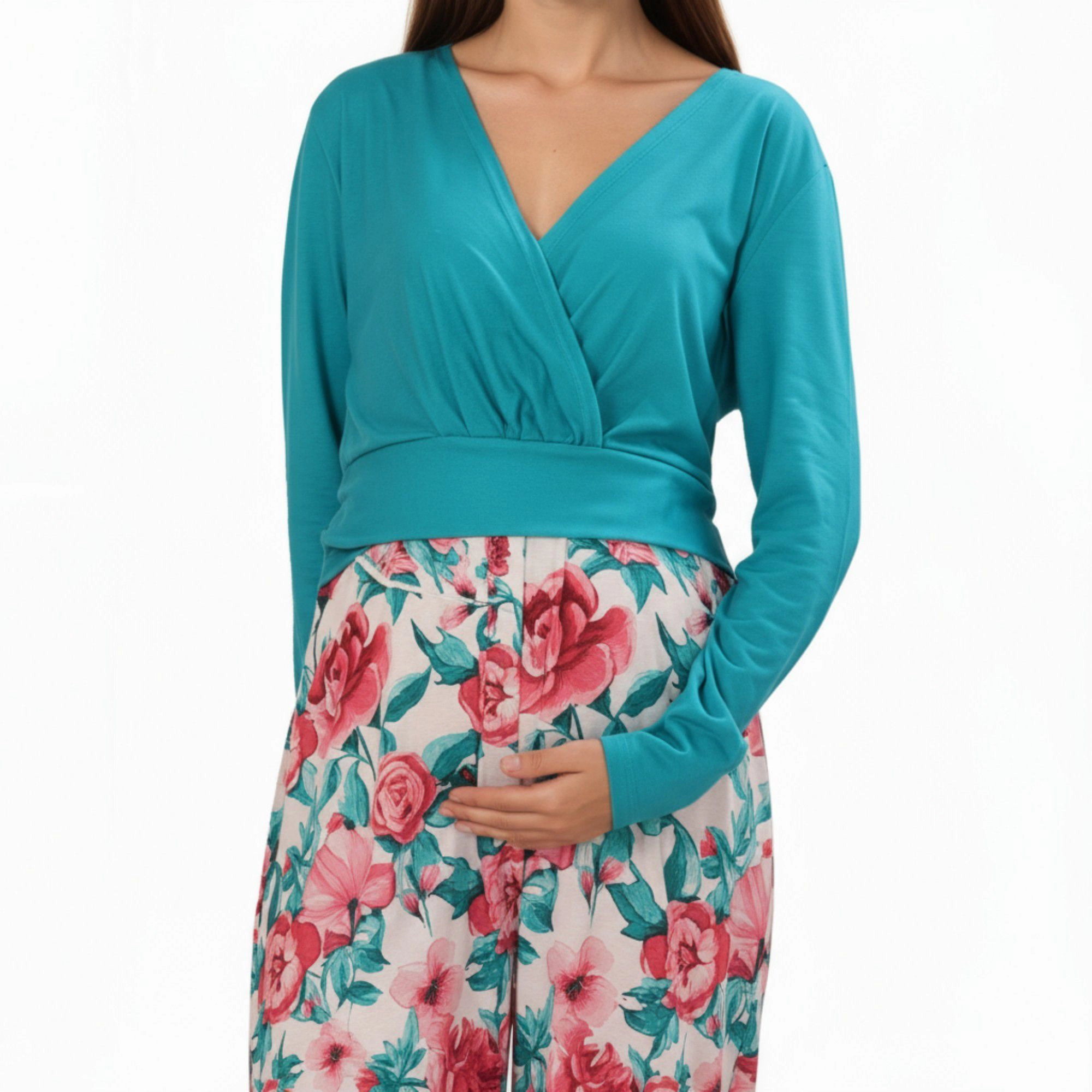 Anna-Kaci Women's Long Sleeve V Neck Floral Print Empire Waist Maternity Dress