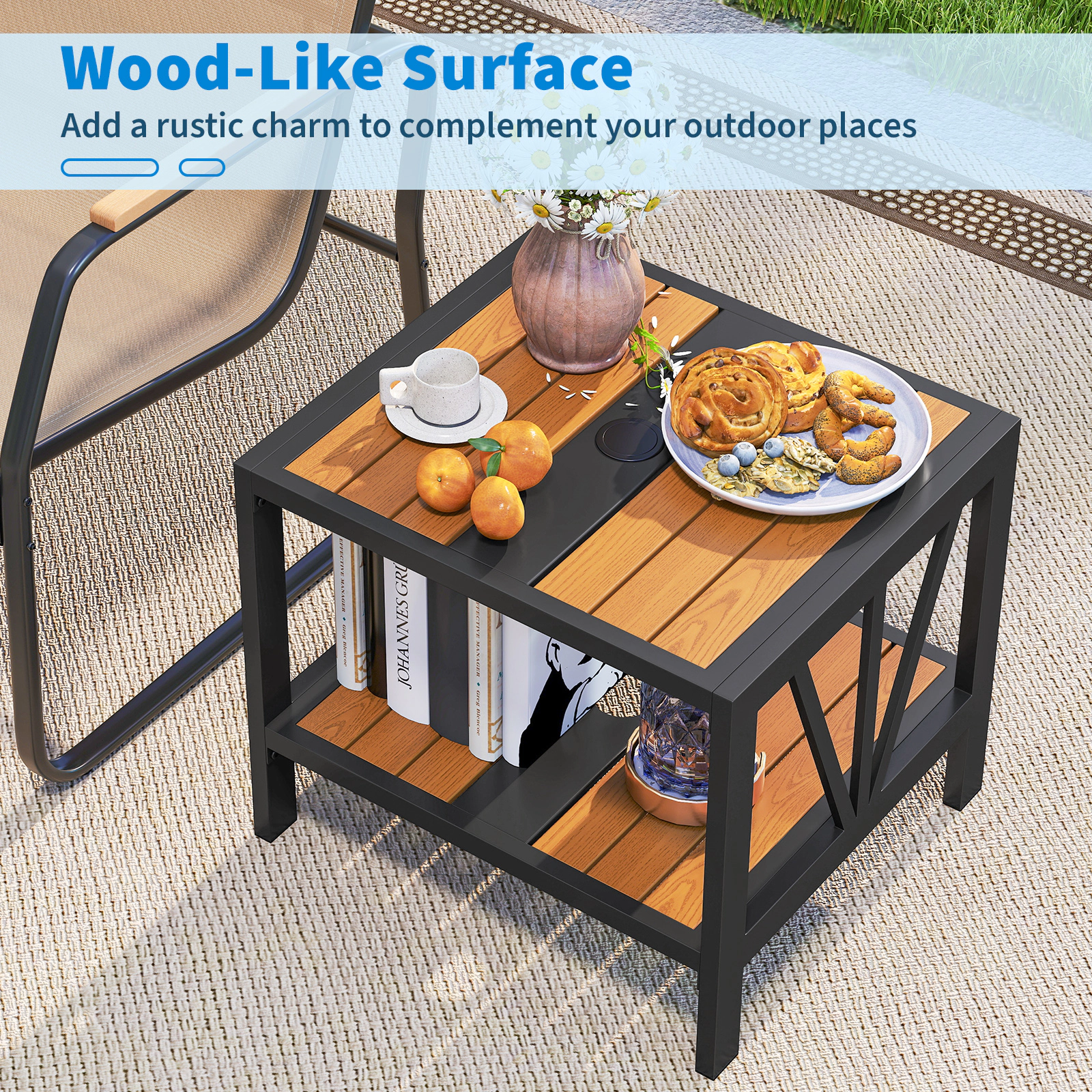 SUGIFT Outdoor Metal Side Table with Storage Shelf and Umbrella Hole 110-lb Tabletop Capacity Black and Natural