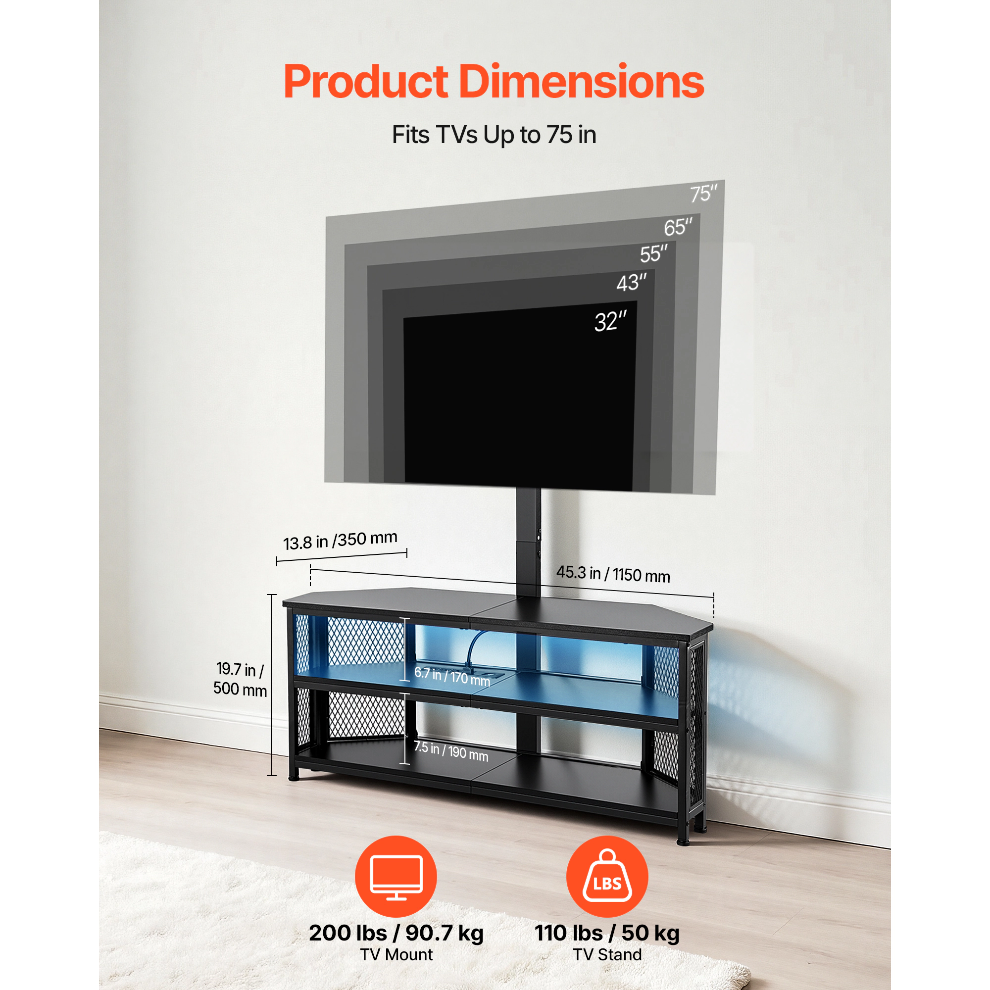 HONGGE TV Stand Console with Power Outlet for 32-75 Inch TVs, Height Adjustable Entertainment Center with Storage