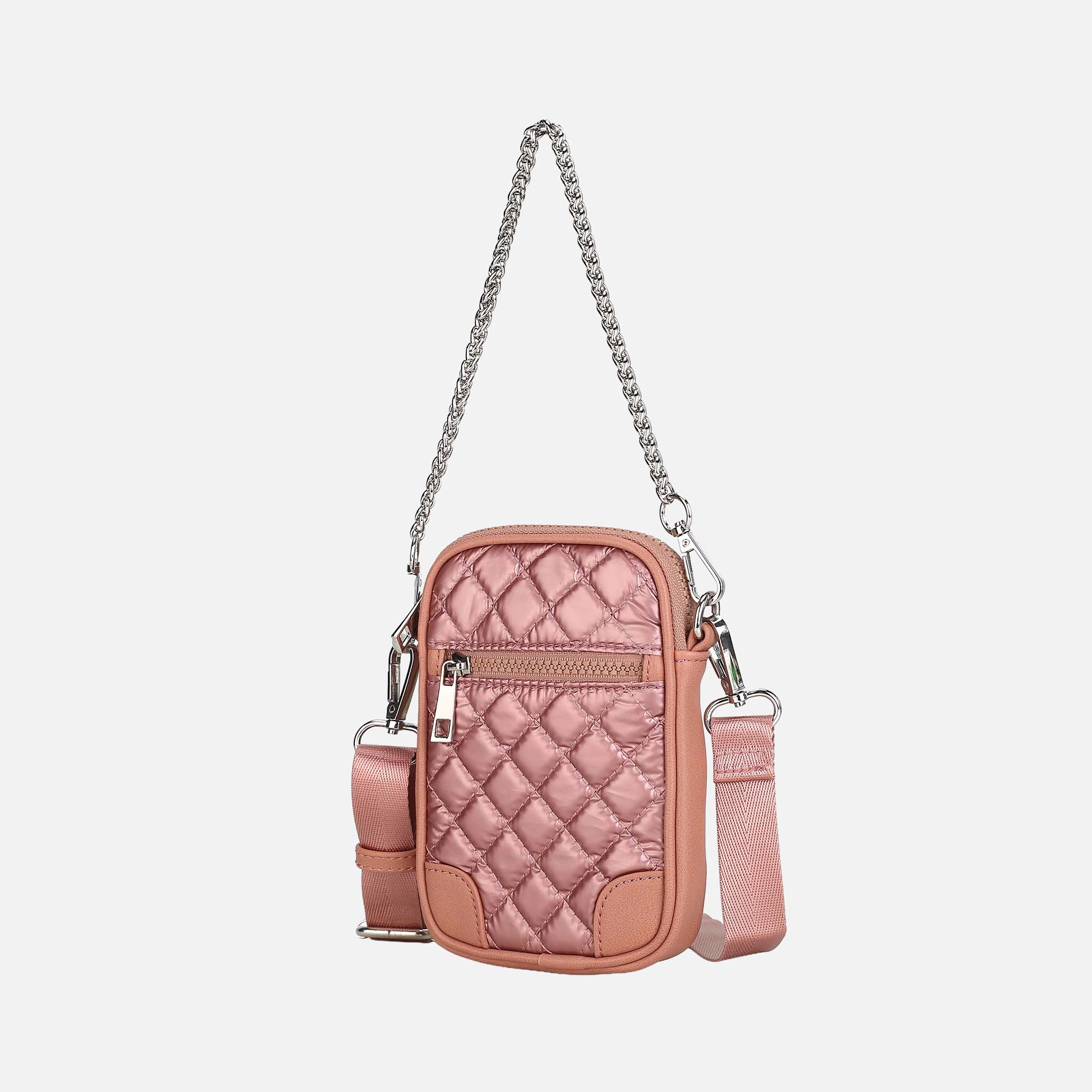 Mia K Collection Betty Compact Smartphone Crossbody Bag - Quilted Metallic Nylon with Vegan Leather