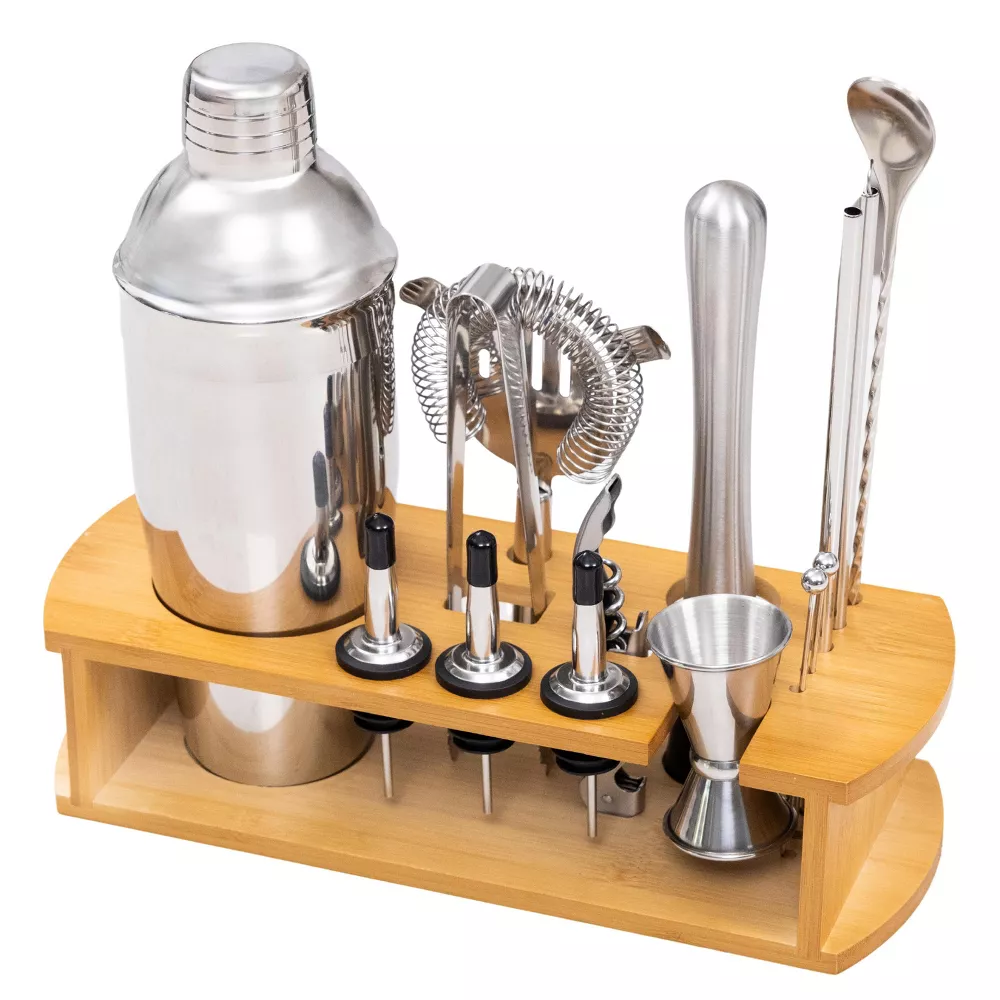 Luminuxe Cocktail Shaker Set Bartender Kit w Stylish Bamboo Stand 16 Piece Barware Mixing Tools, Bartending Kit Gift Set