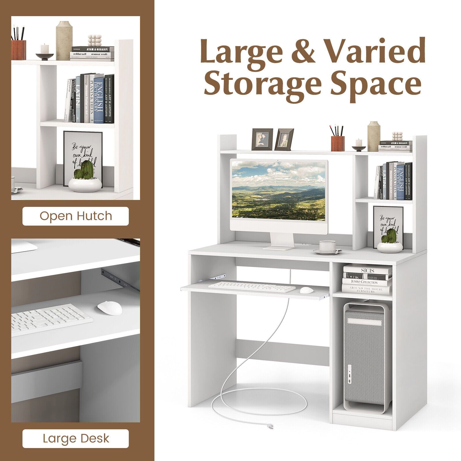 SlickBlue White Home Office Desk with Hutch, Shelves and CPU Stand