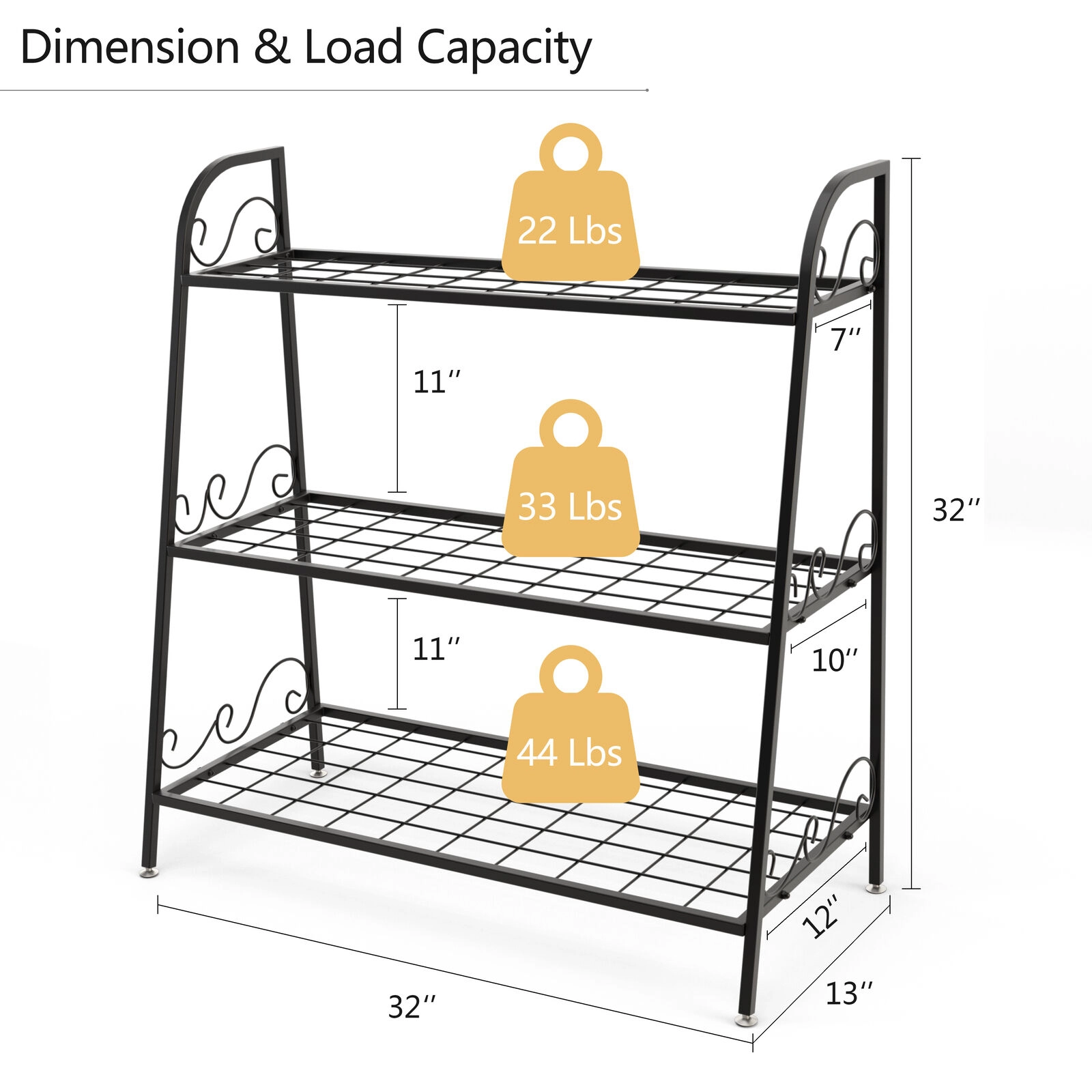 SUGIFT 3-Tier Steel Plant Stand Shelf Display Rack with Side Handles 44/33/22-lb Layer Capacities 32-in Tall Black