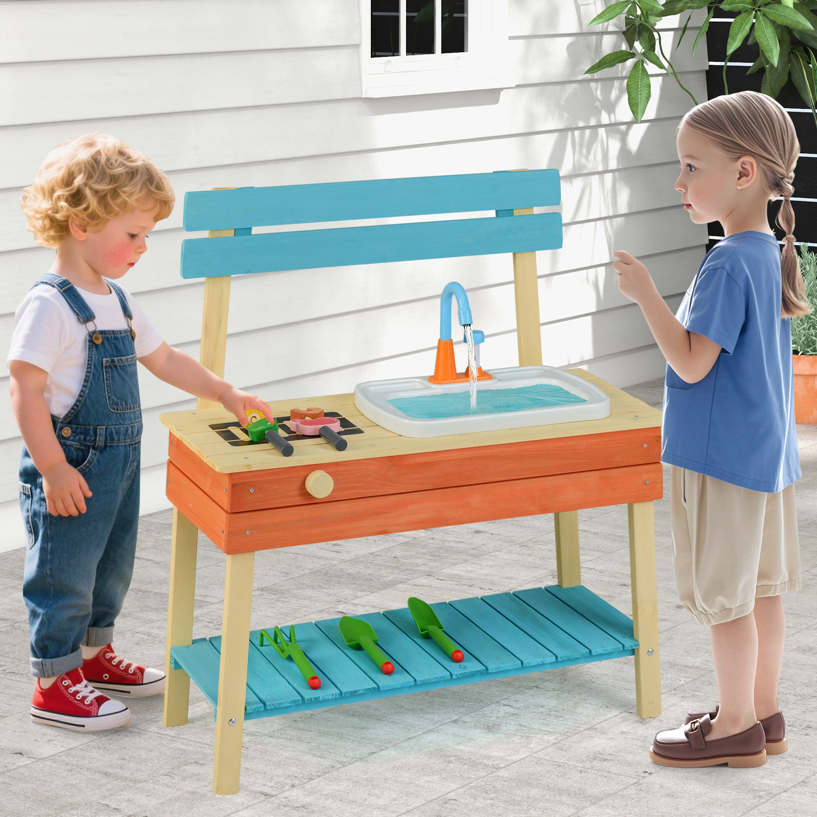 LJG Kids Play Kitchen Set Wooden Kitchen Playset Chef Pretend Mud Kitchen