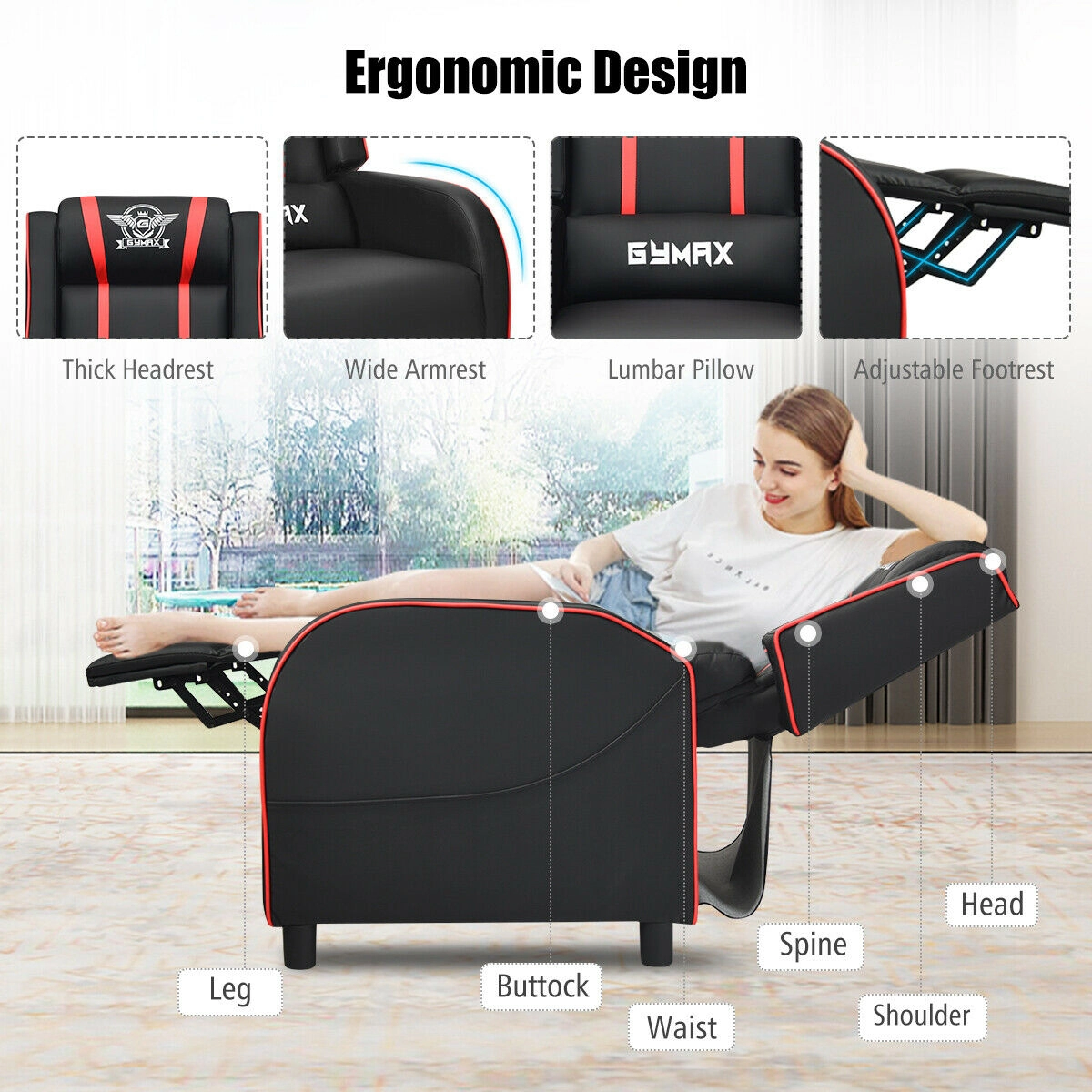 SUGIFT Red Gaming Recliner Chair with Lumbar Massage and Extendable Leg Rest