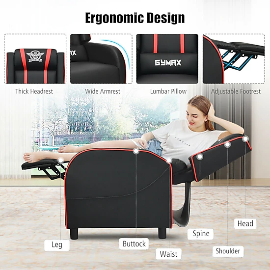 SUGIFT Red Gaming Recliner Chair with Lumbar Massage and Extendable Leg Rest