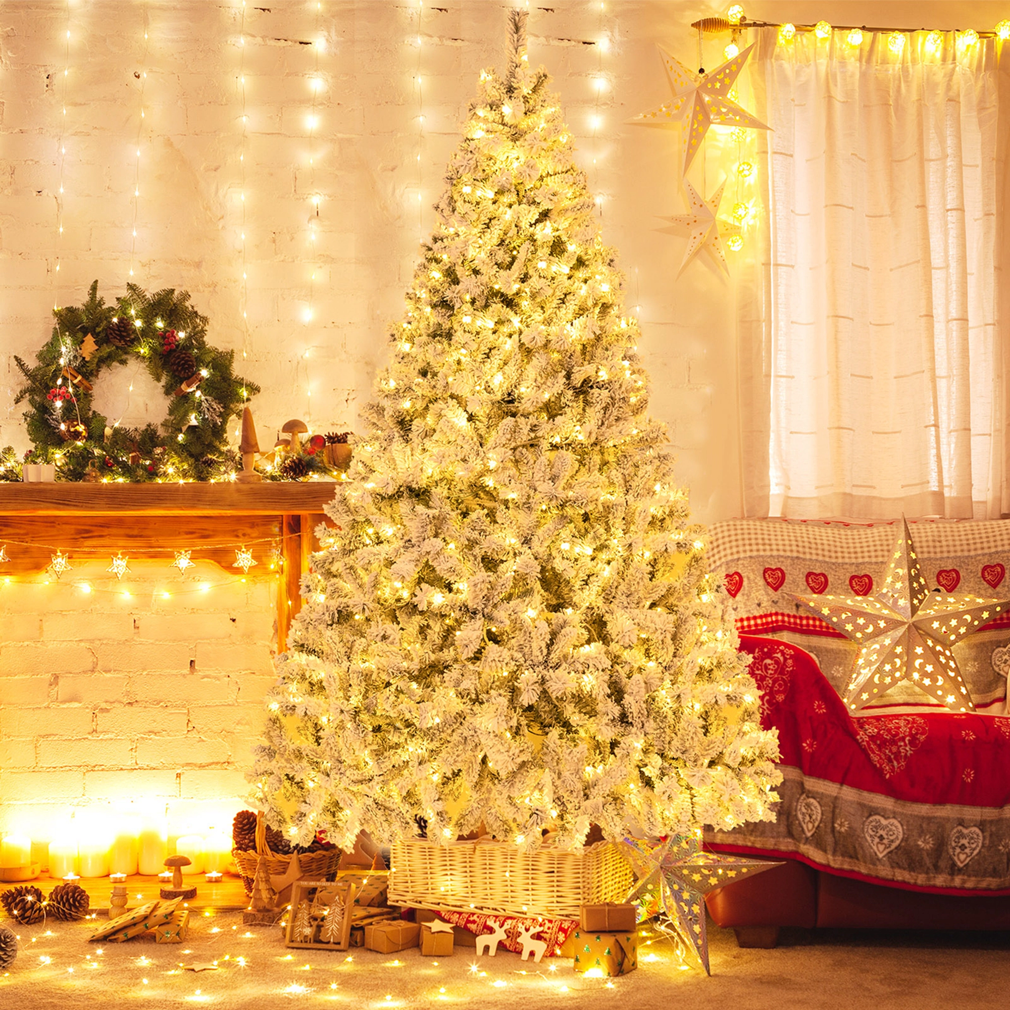 Costway 7 FT Pre-Lit Christmas Tree 3-Minute Quick Shape Flocked Decor with 450 LED Lights