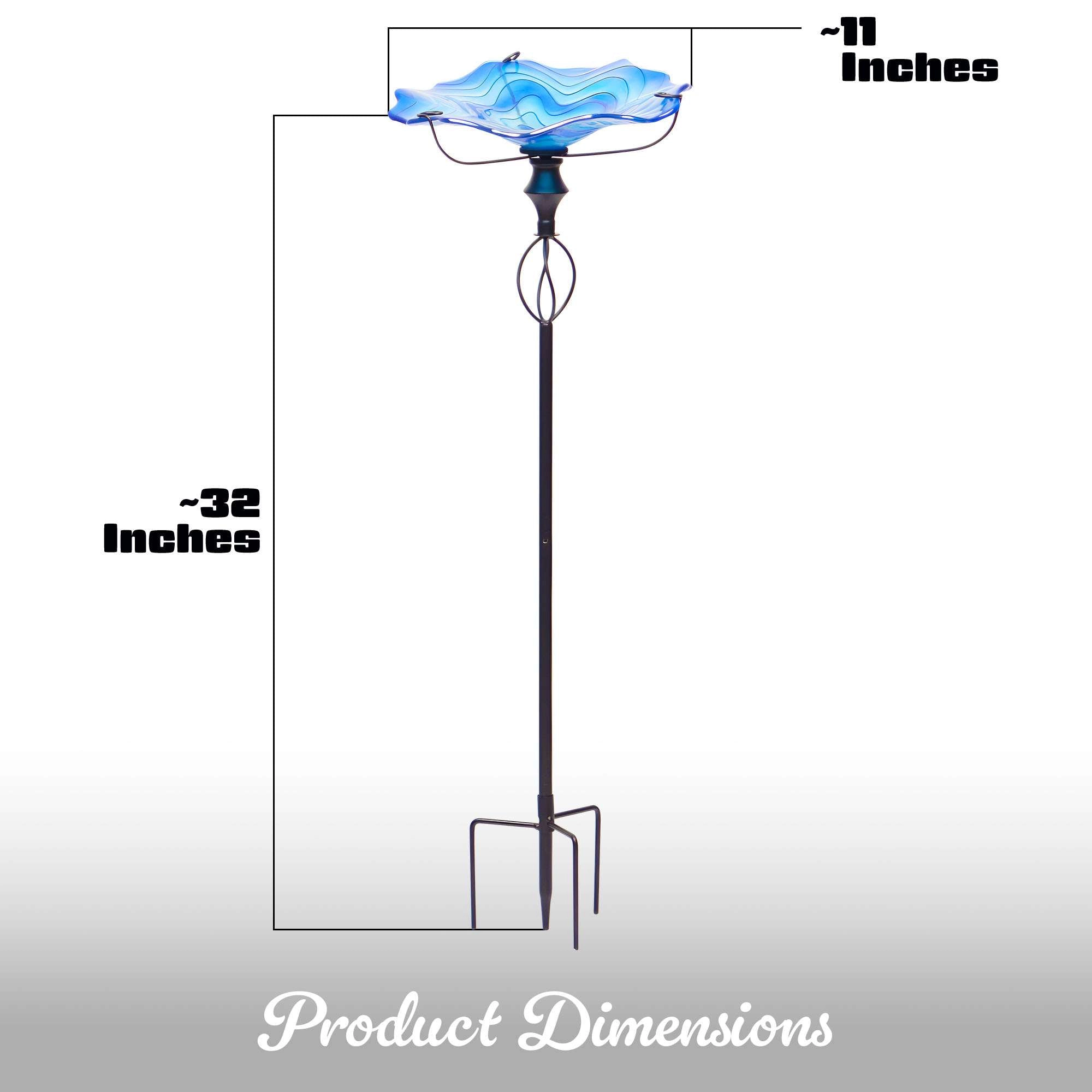 G128 32-Inch Blue Glass Bird Bath with Four-Pronged Metal Stake, Decorative Outdoor Feeder
