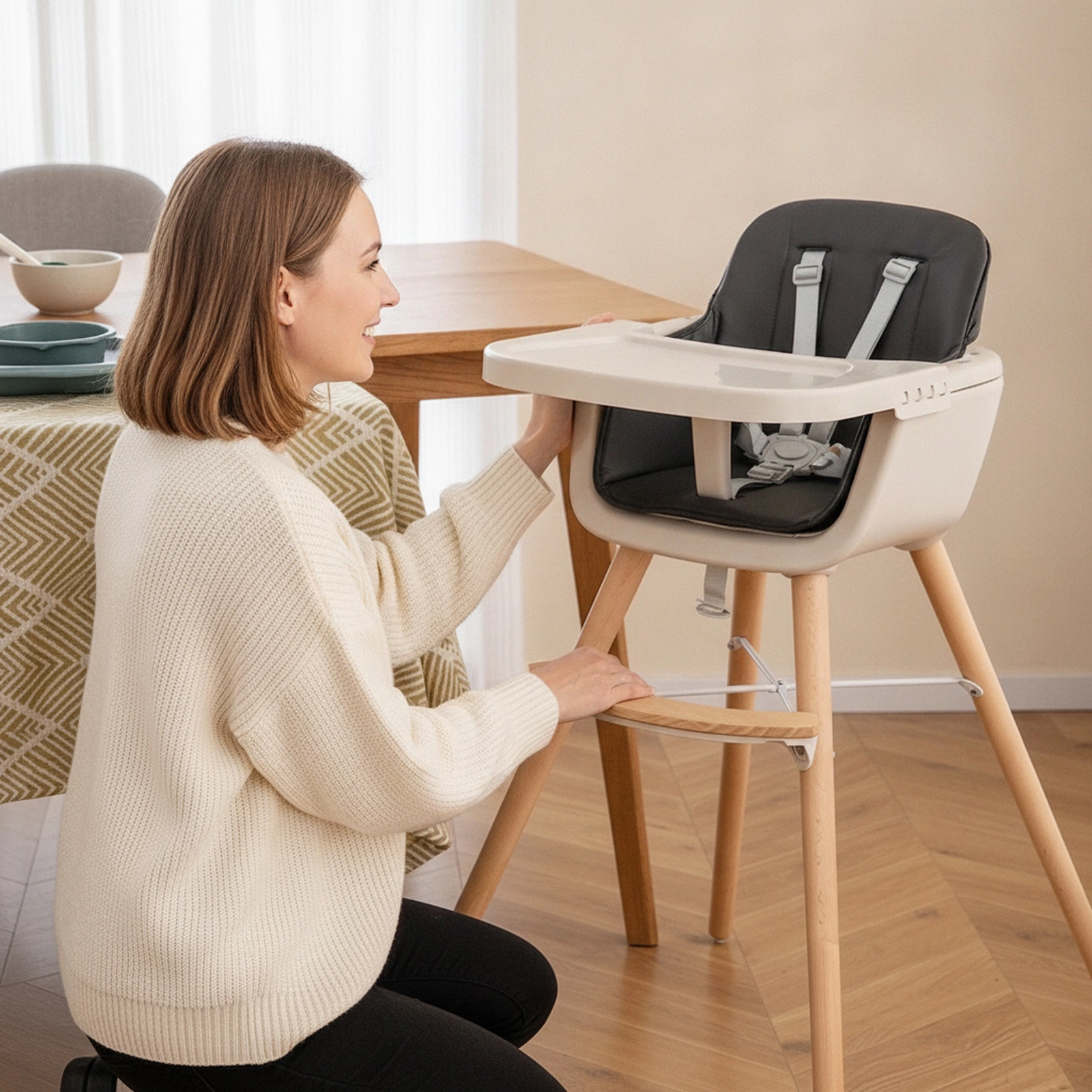 3-in-1 Convertible High Chair for Babies and Toddlers with Food-Grade PP Tray Dual Safety Baffle and Beech Wood Legs