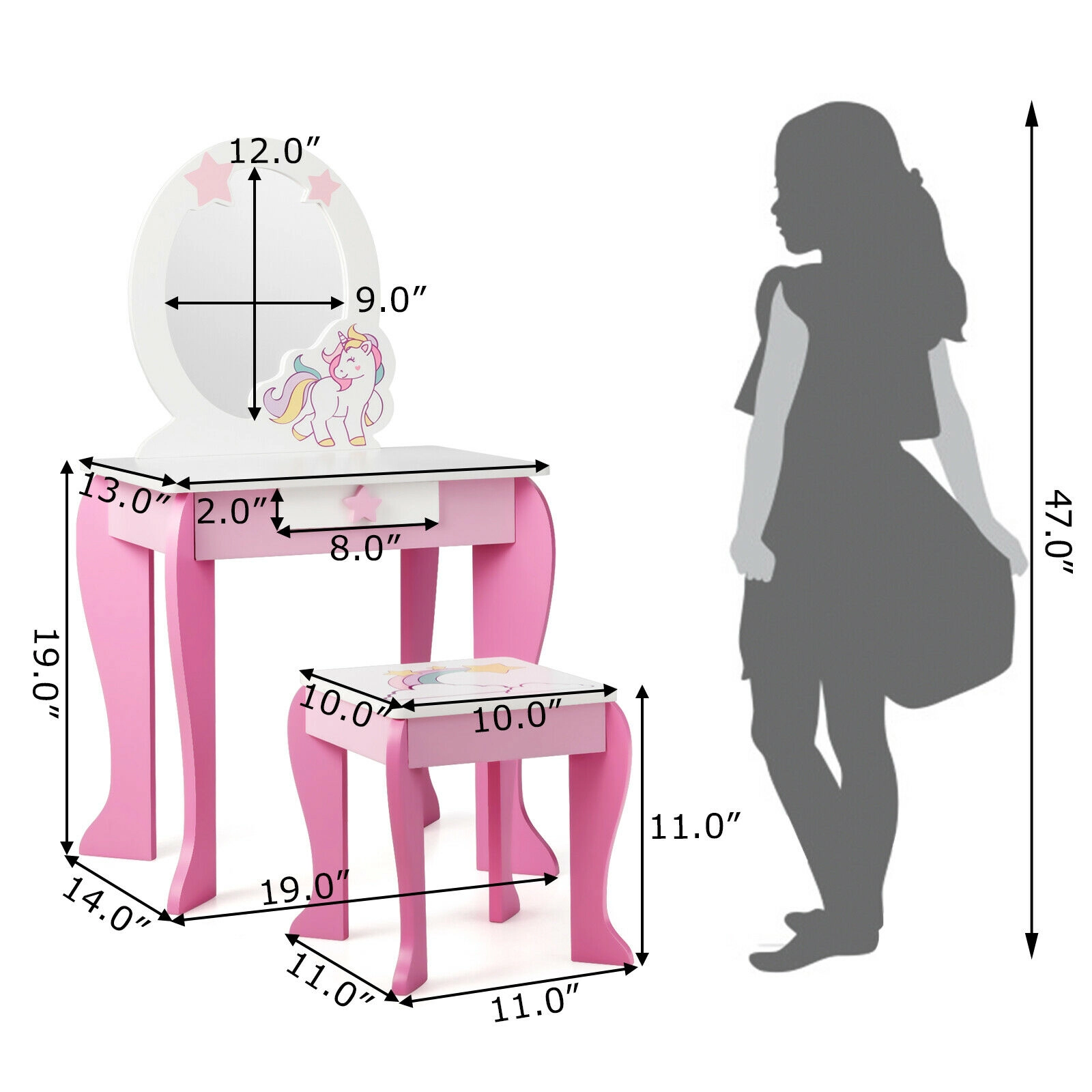 SUGIFT Kids Makeup Vanity Table and Stool Set with Mirror Drawer and Removable Top 35-lb Table 66-lb Stool Capacity Pink