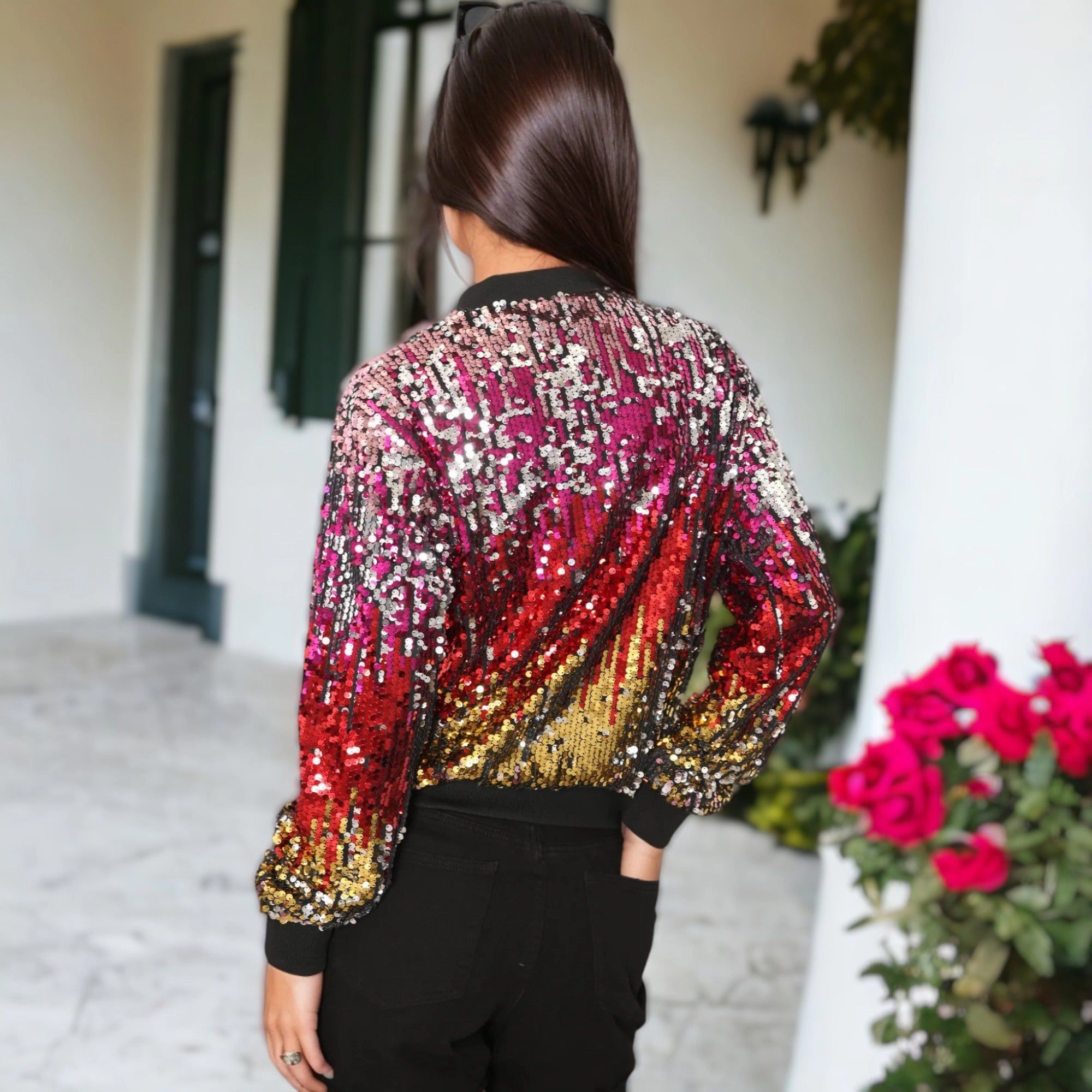 Anna-Kaci Women's Sequin Bright Zig Zag Ombre Sparkle Bomber Zip-Up Jacket