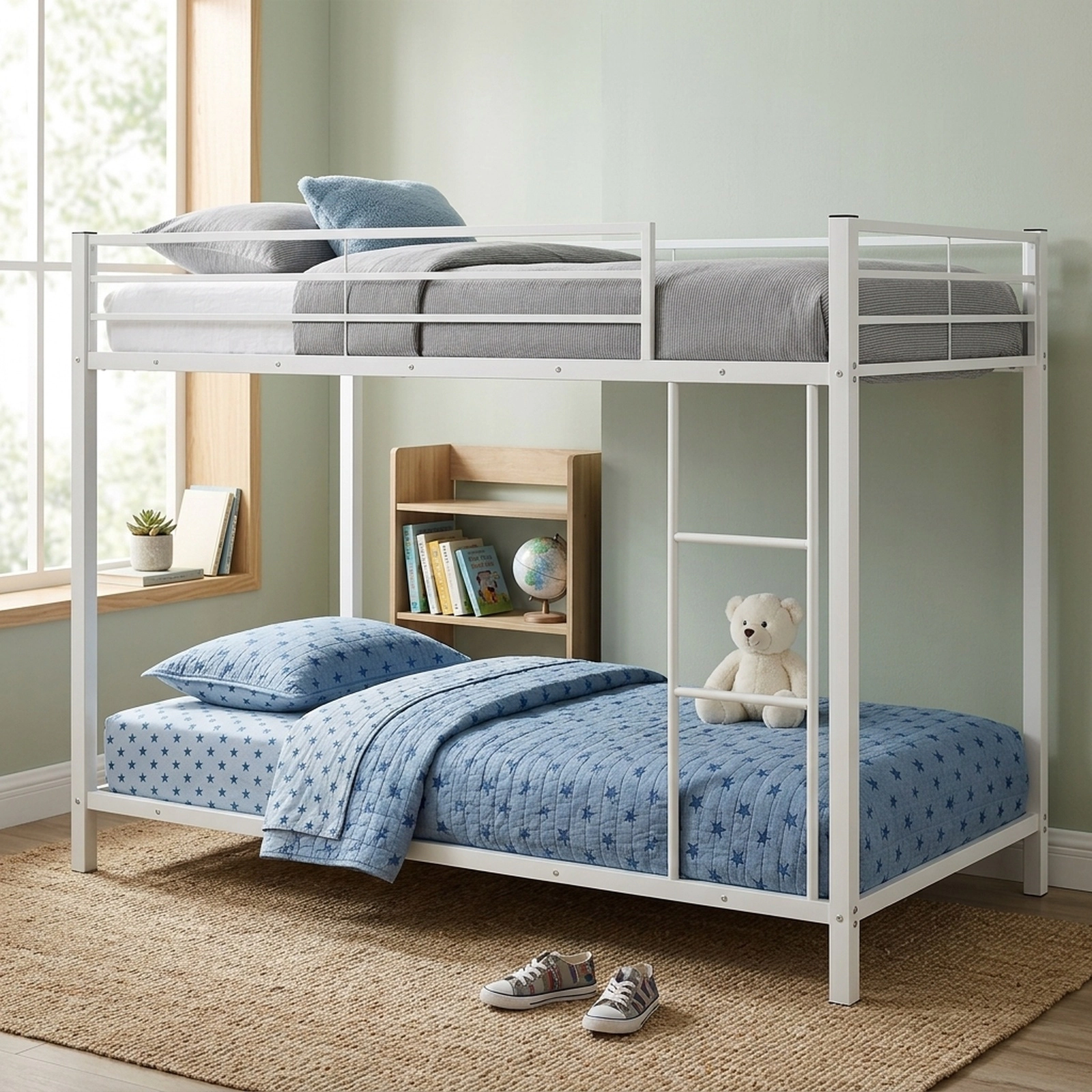 SUGIFT Twin-Over-Twin Low-Profile Metal Bunk Bed, White