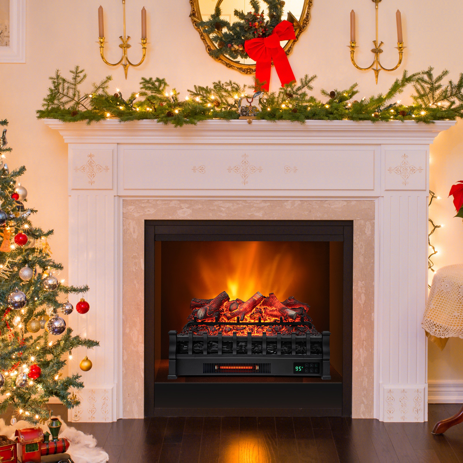 LJG 26 Inch Electric Fireplace Heater with Remote Control and Realistic Lemonwood Ember Bed