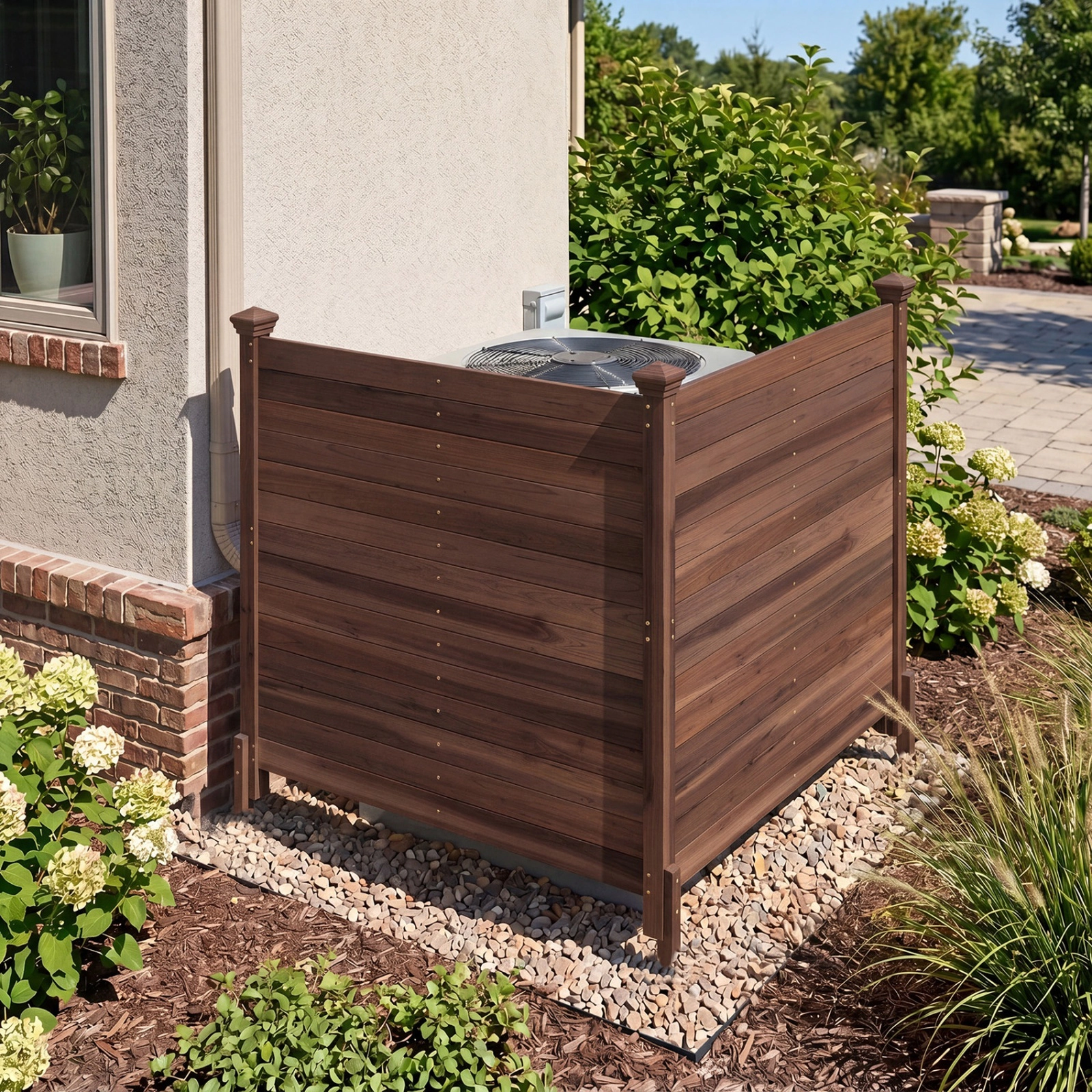 SUGIFT Brown Fir Wood Air Conditioner Privacy Fence with 2 Panels and 3 Ground Stakes 47-in W 47-in D 45.5-in H