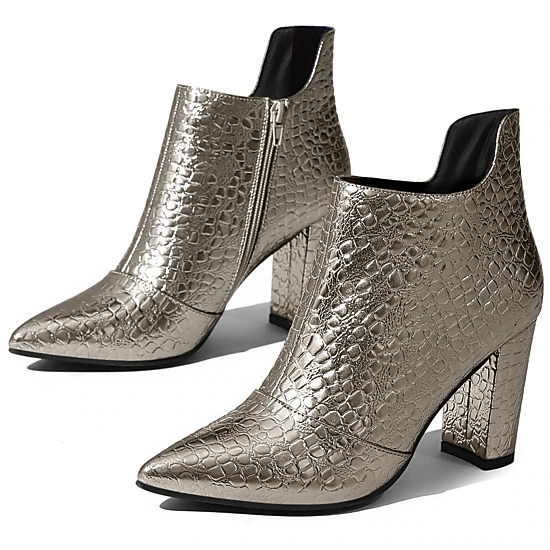BLISSFUL STEP Women Stone Printed Pointed Toe Chunky Heel Ankle Boots Side Zip