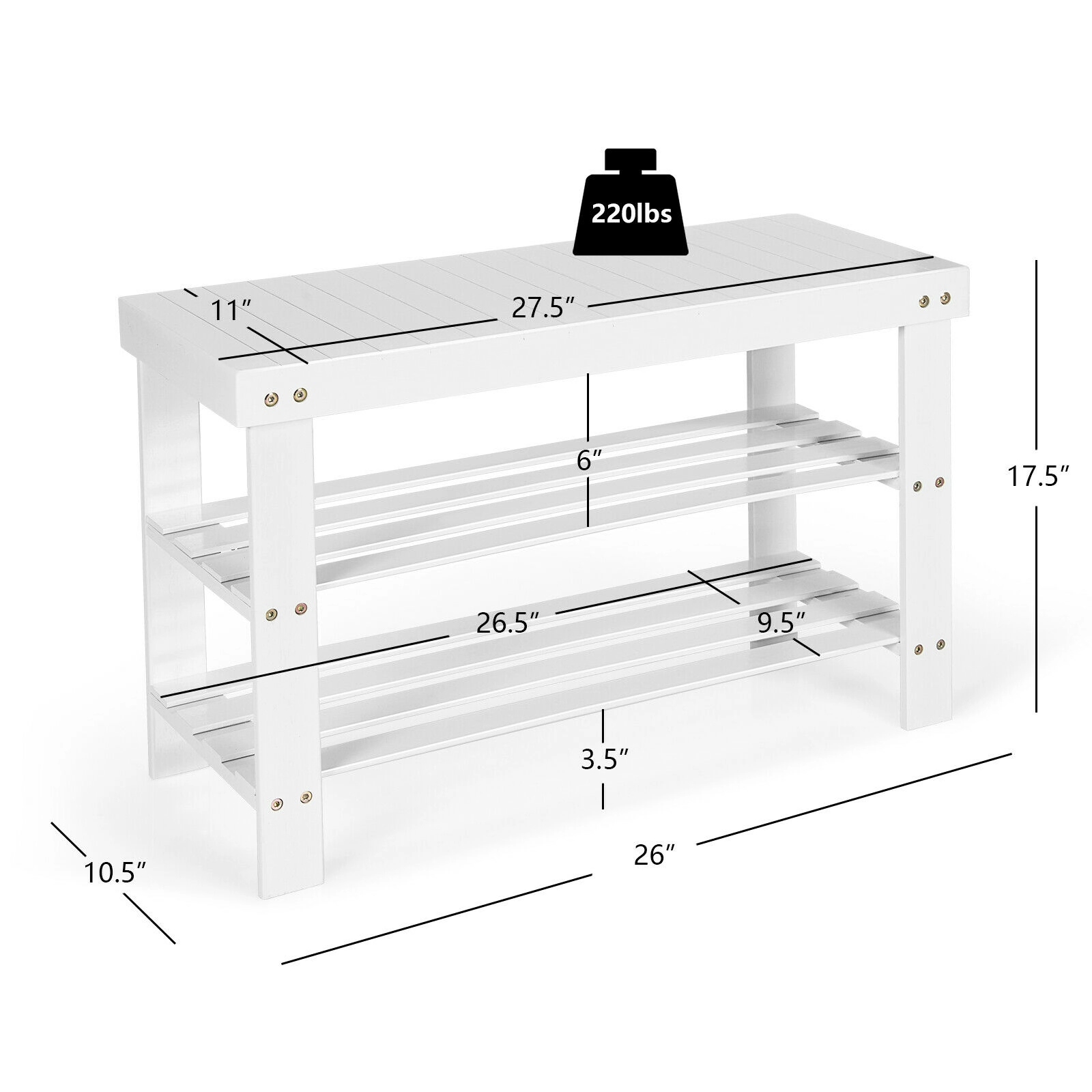 SUGIFT 3-Tier Bamboo Shoe Bench with Storage Shelves 27.5-in Wide 220-lb Capacity Holds Up to 6 Pairs White