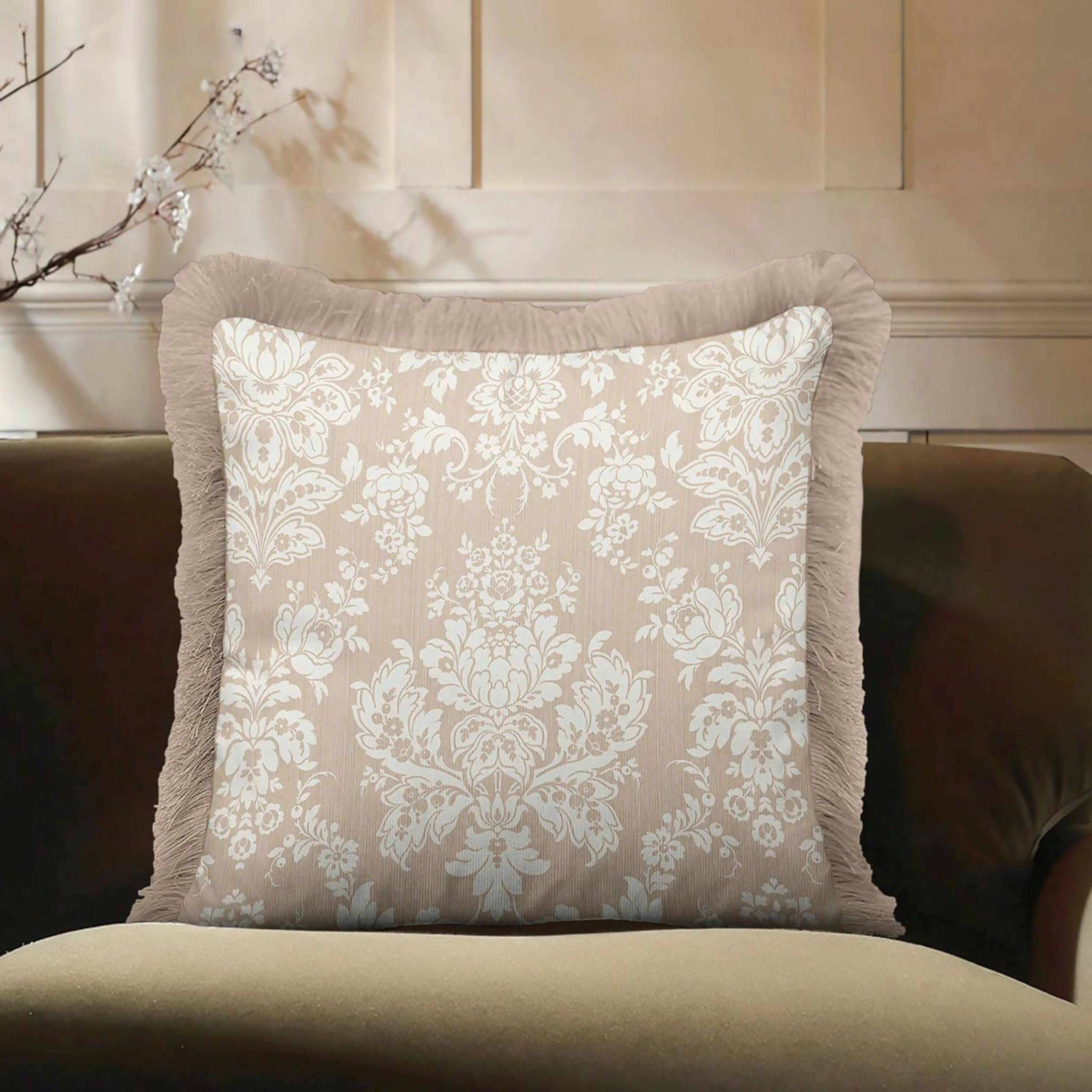 Wear Sierra Cream Floral Baroque Fringed Set of 2 Throw Pillow Cover