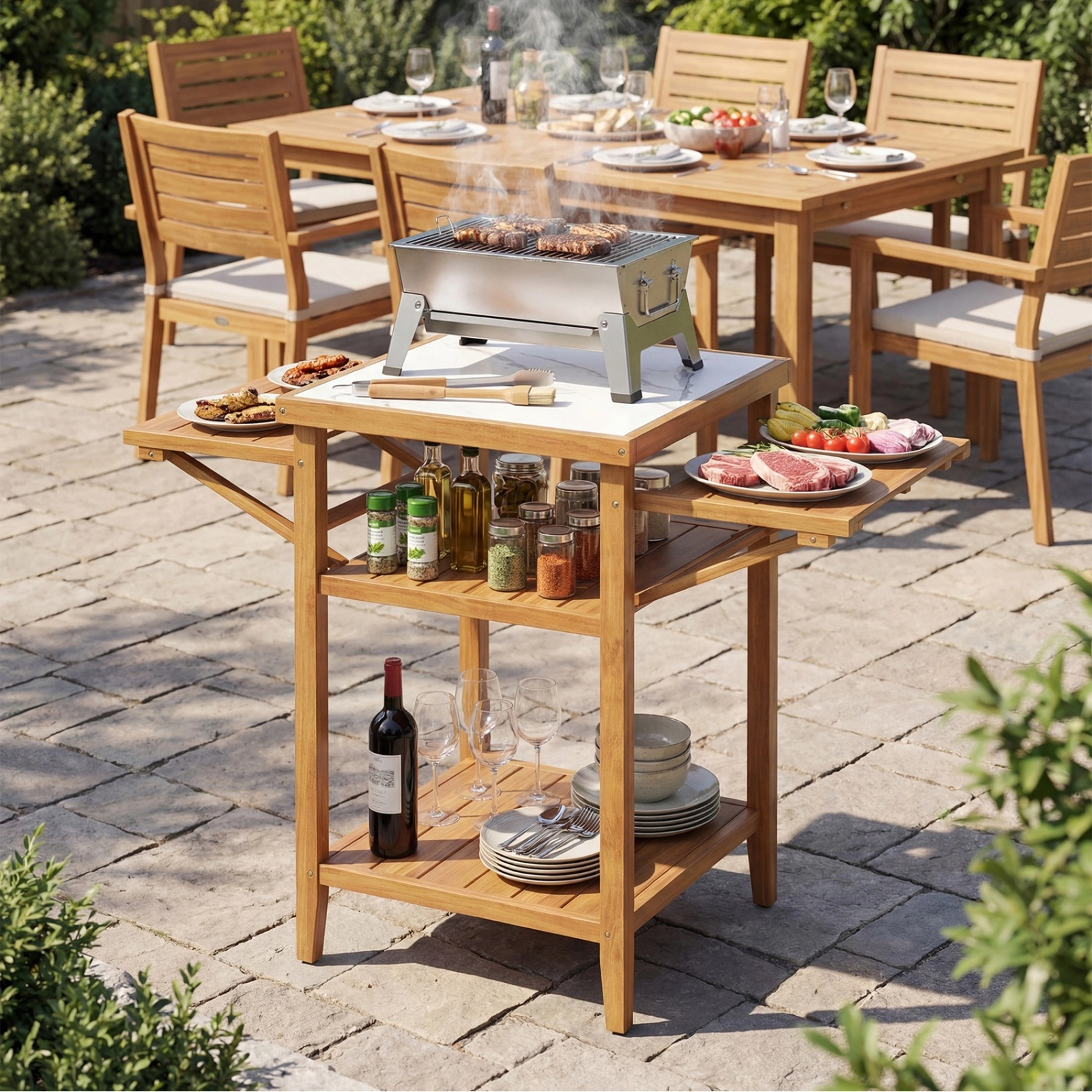 SUGIFT Outdoor Grill Table with Faux Marble Top and Drop-Leaf Side Panels 165-lb Tabletop Capacity Natural