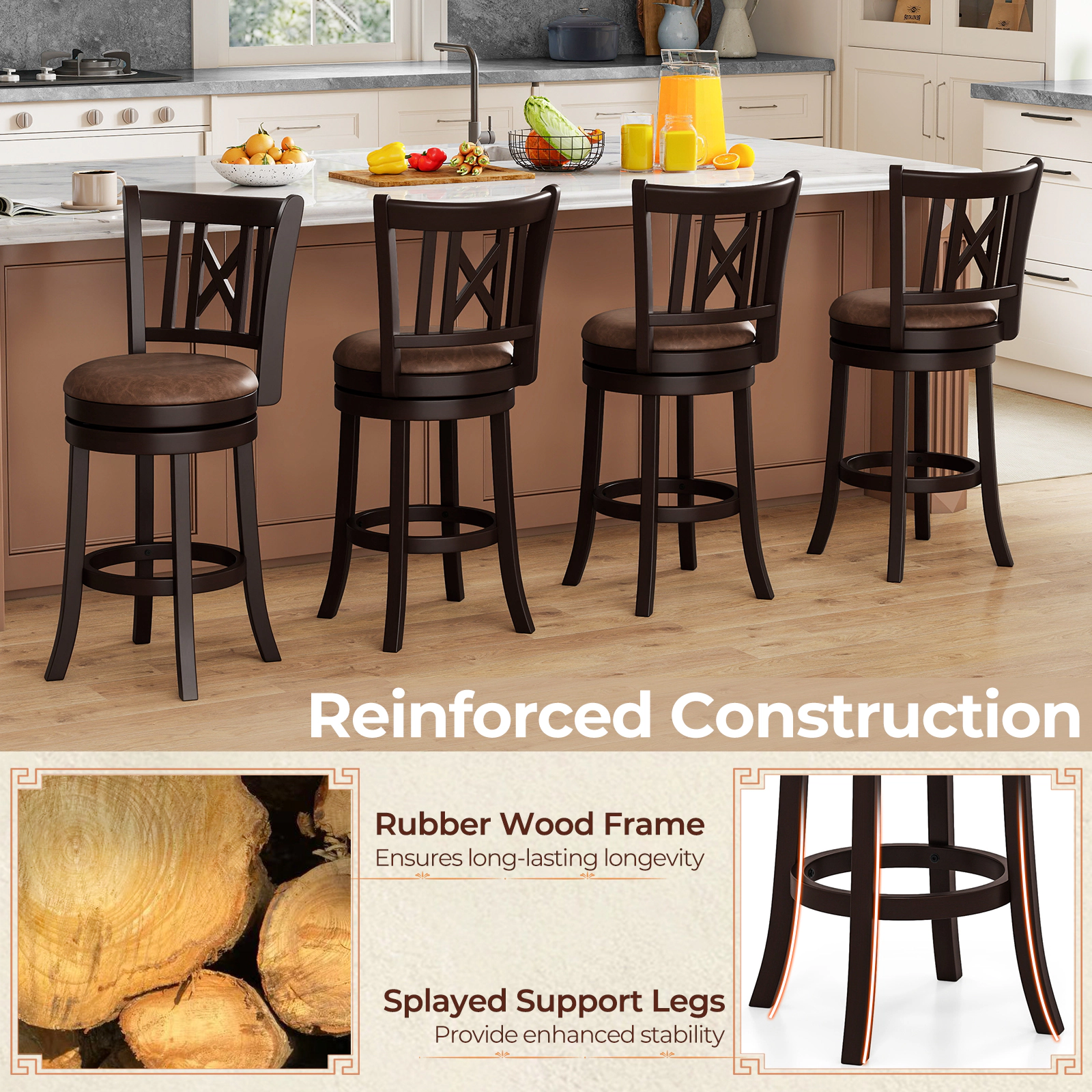 SUGIFT Set of 2 26-Inch Counter-Height Swivel Stools, Rubber Wood, Hollow Backrest