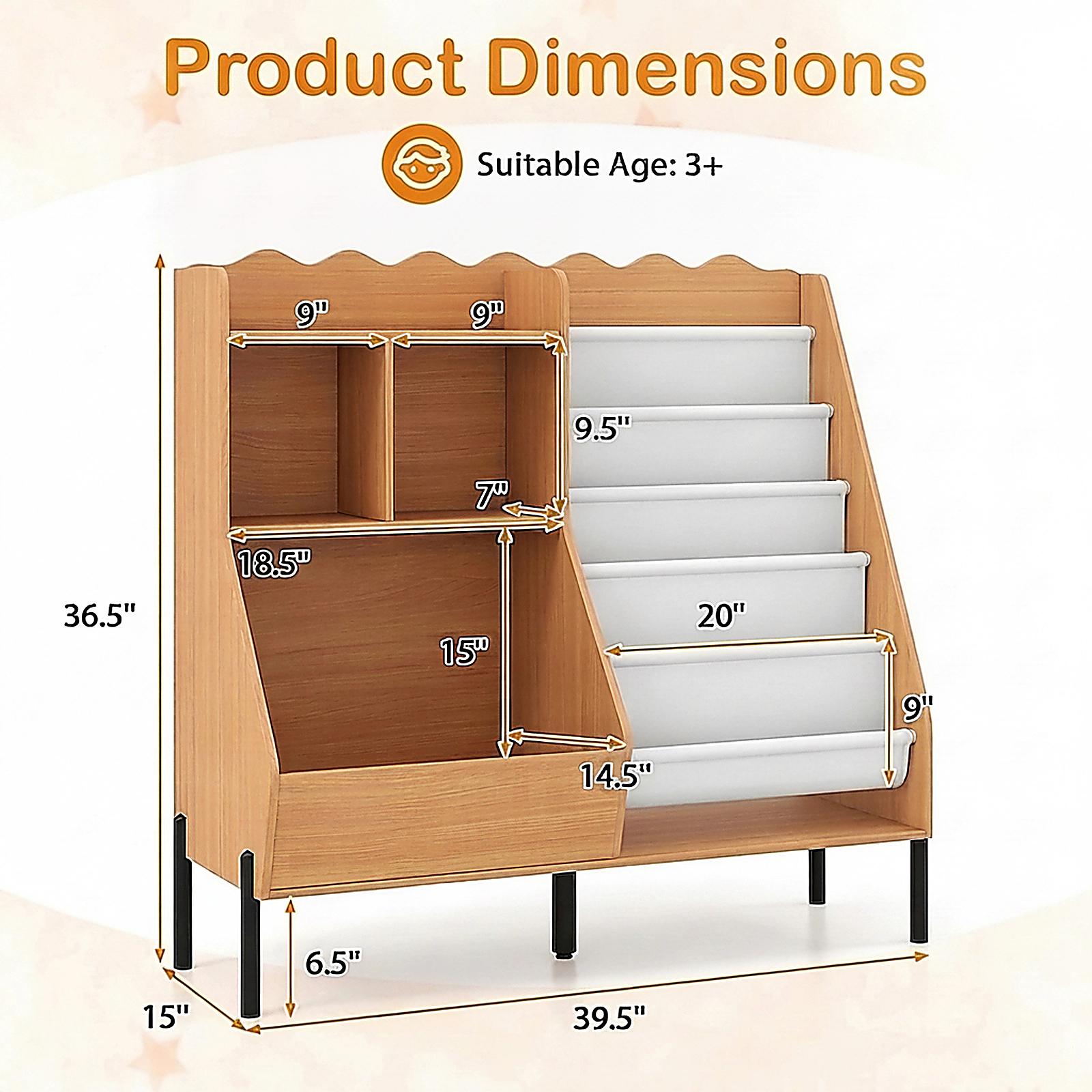 SUGIFT Kids 5 Fabric Pockets Front-Facing Metal Legs Wooden Bookcase 39.5-in x 15-in x 36.5-in Ages 3+ Natural