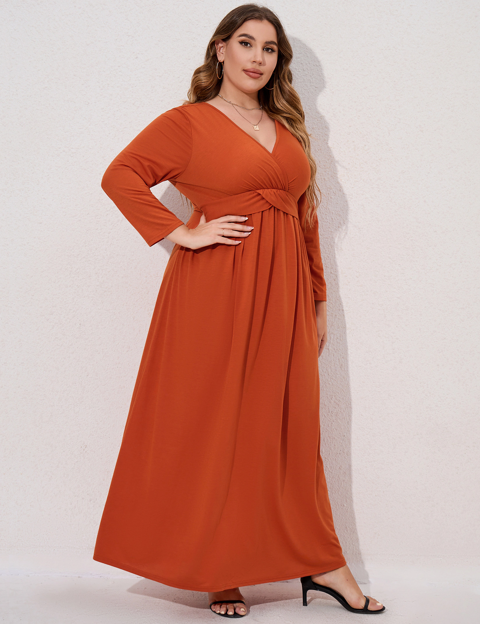 KOJOOIN Women's Plus Faux Wrap Maxi Dress Surplice V Neck Long Sleeve Empire Waist