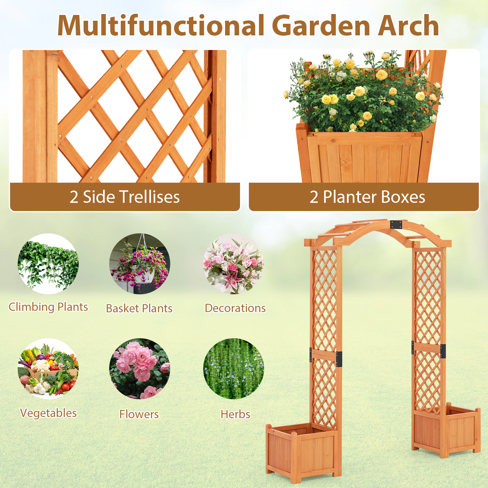 SUGIFT Orange Wooden Garden Arbor with 2 Planter Boxes and Side Trellises 73-in W 18-in D 79-in H 40-in Passage W
