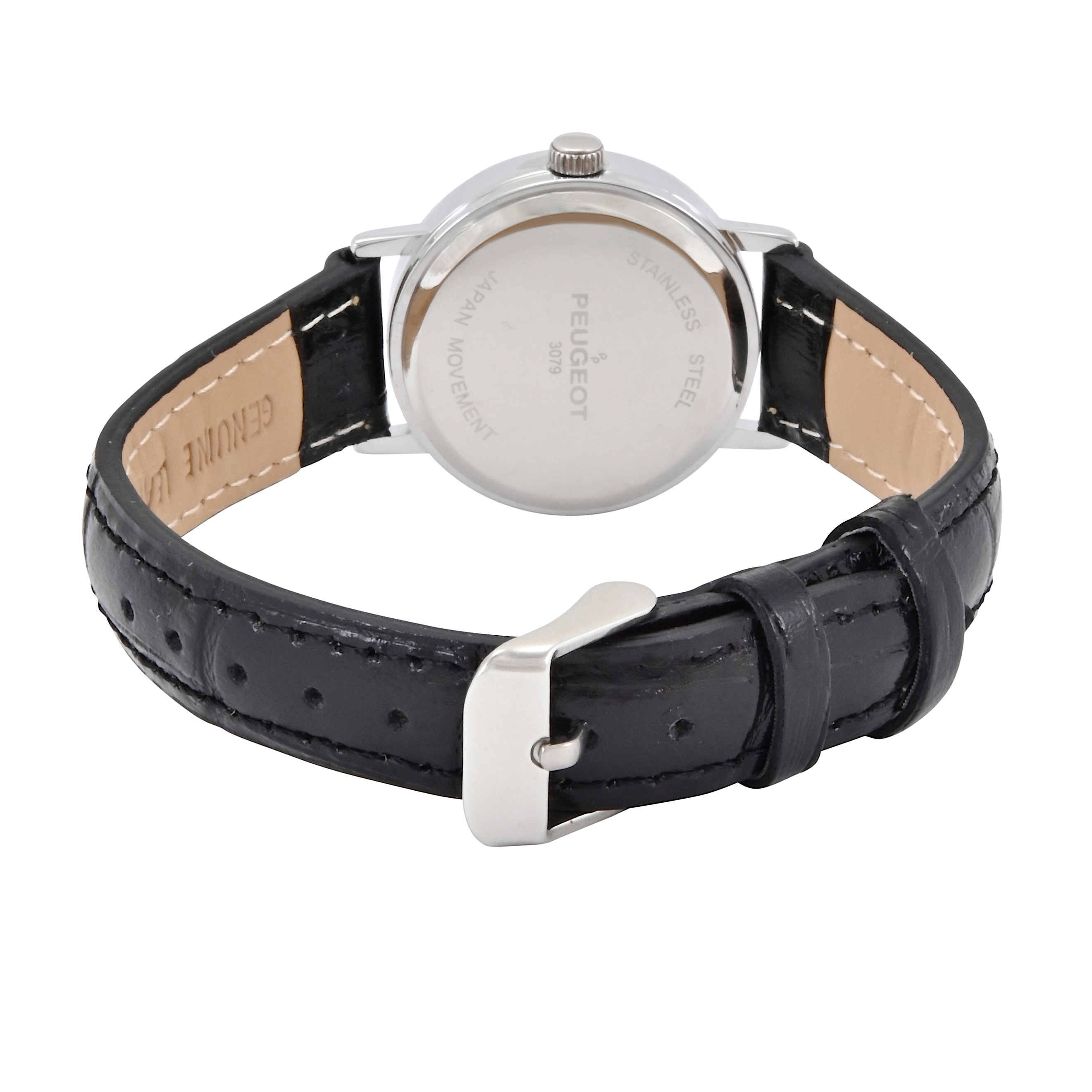 Peugeot Womens Small Face Easy Read Minimalist Black Leather Strap Watch