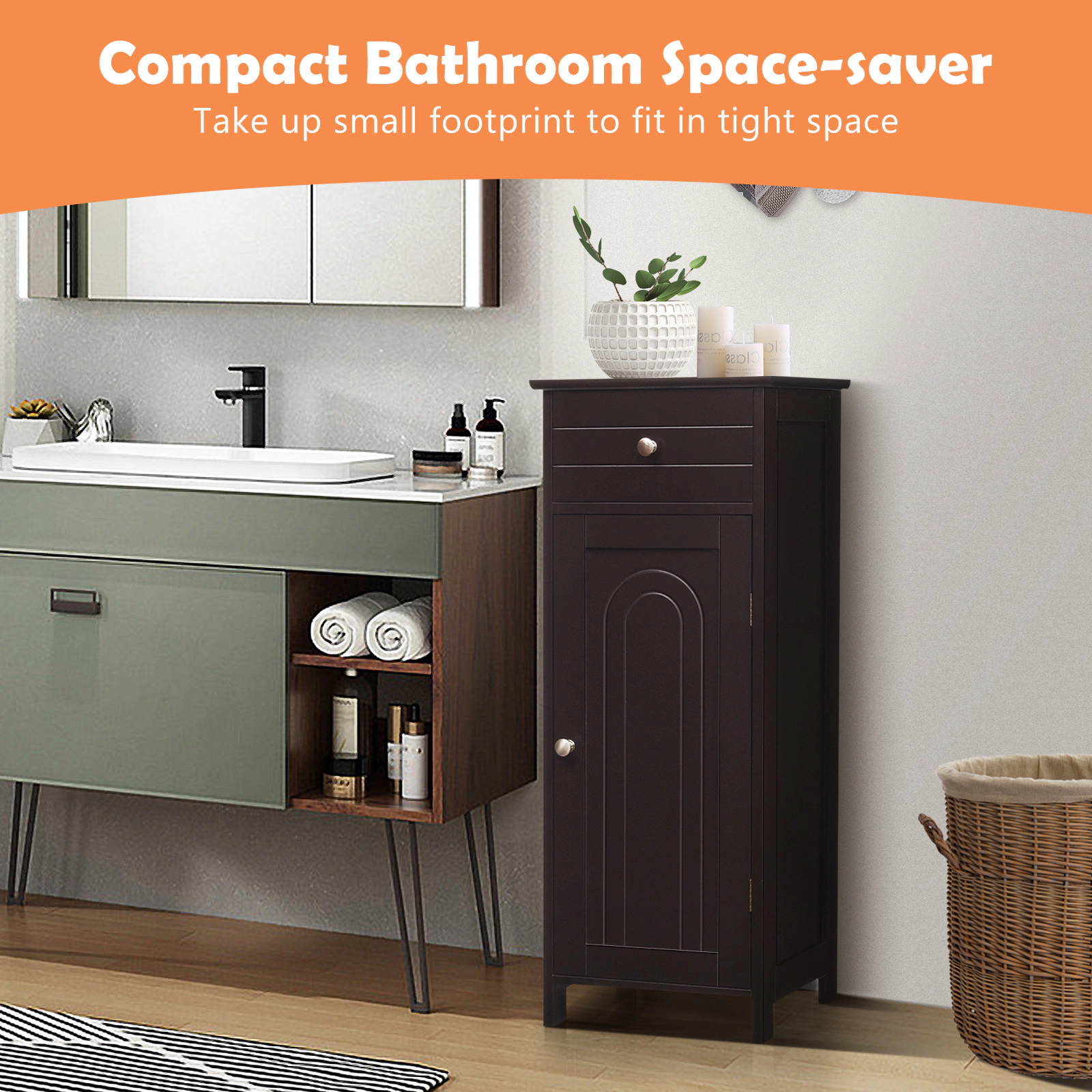 SUGIFT Wooden Storage Free-Standing Floor Cabinet with Drawer and Adjustable Shelves 132-lb Capacity Brown