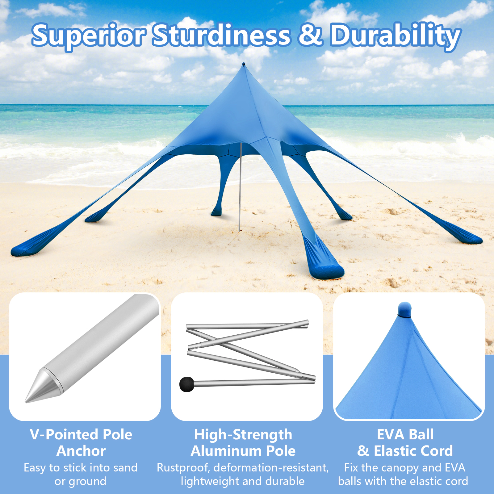 SUGIFT Blue 20-ft by 20-ft UPF50+ Lycra Beach Canopy Tent with Aluminum Pole Sand Shovel and Carry Bag