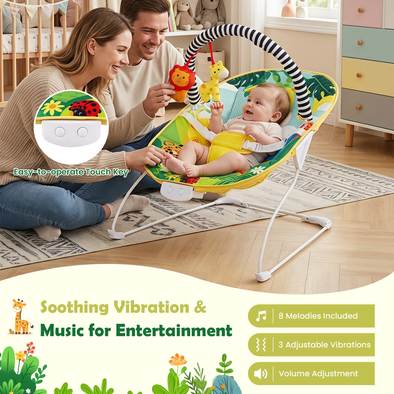 SUGIFT Baby Green Bouncer Seat with Detachable Toy Bar and Music Box 25-in W 20-in D 23-in H 20-lb Seat Capacity
