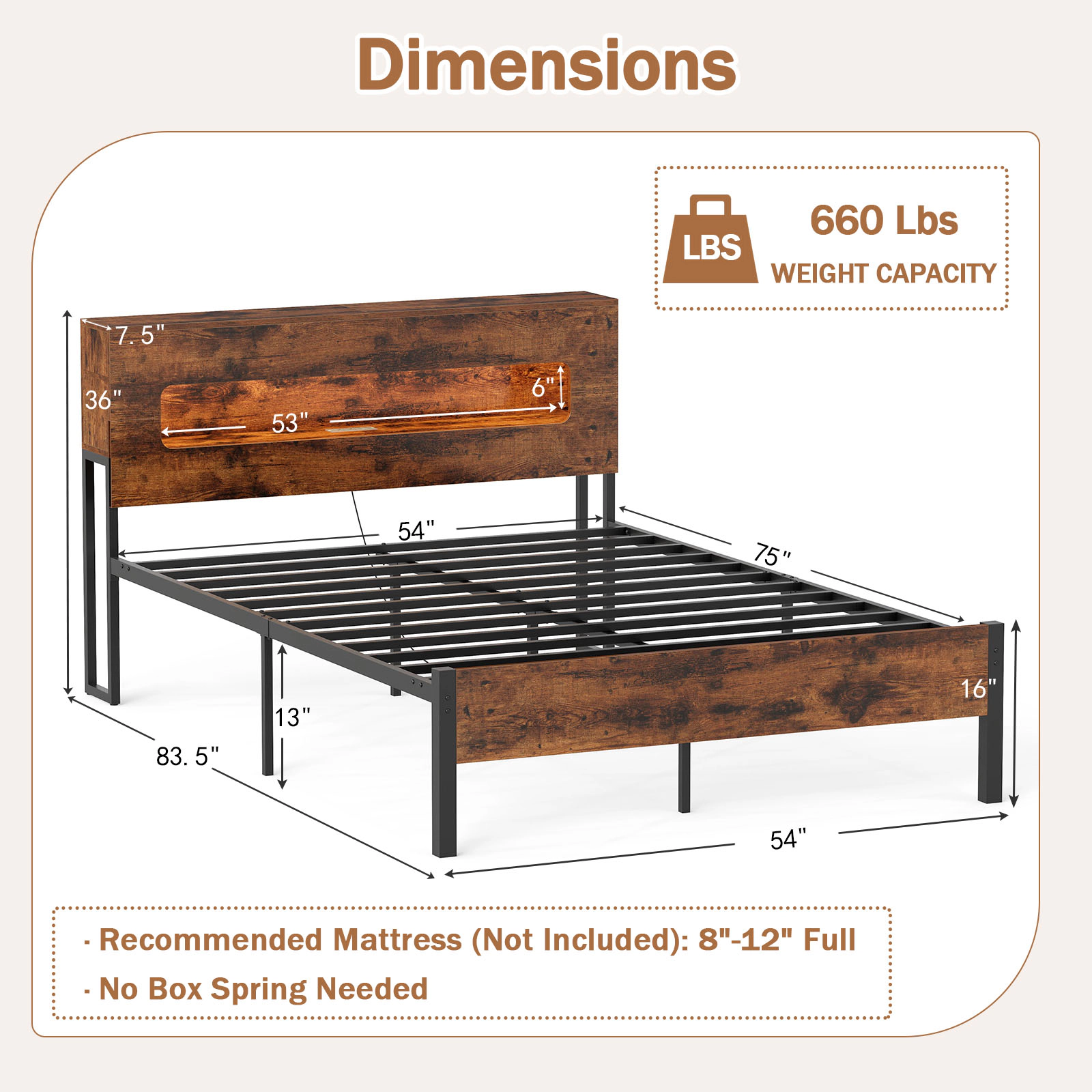 SUGIFT Full Platform Bed Frame with LED Storage Headboard, Full Size, Rustic Brown and Black