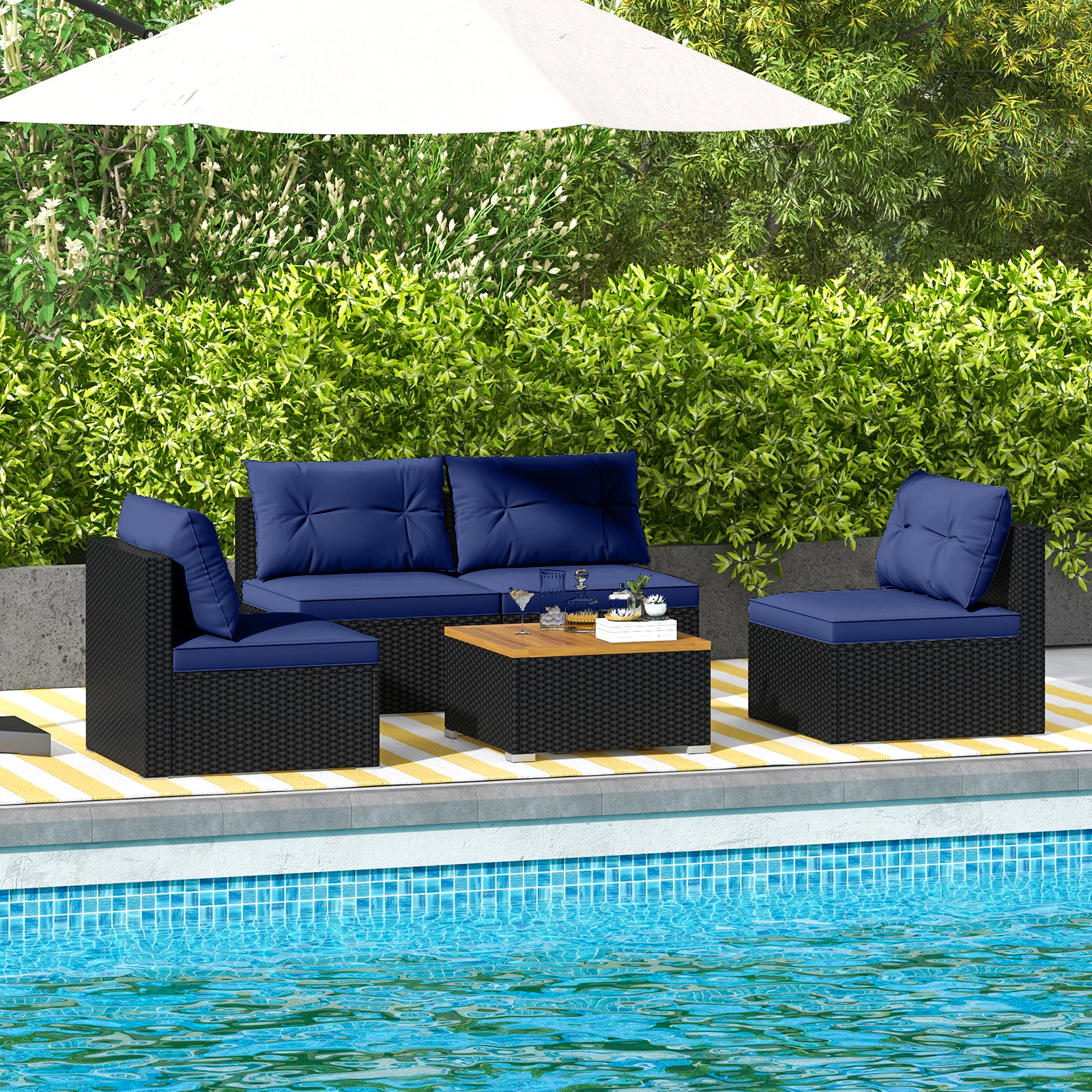 SUGIFT 5-Piece Navy Outdoor Wicker Patio Chair Set with 4 Deep-Seat Armchairs and Square Acacia Table