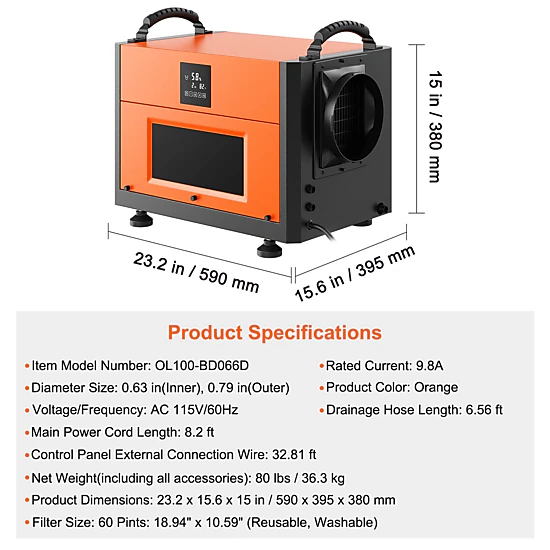 HONGGE Commercial Dehumidifier with Drain Hose for Crawl Space, Basement