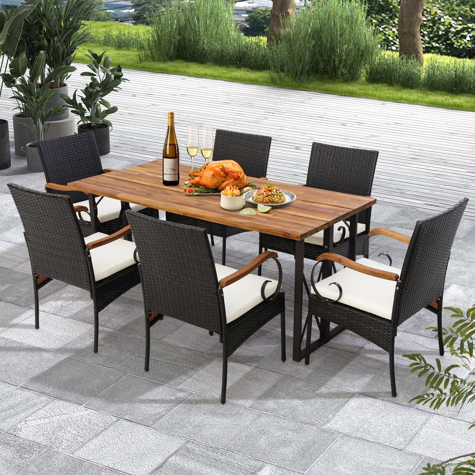 LJG Set of 2/4 Outdoor PE Wicker Chair with Acacia Wood Armrests