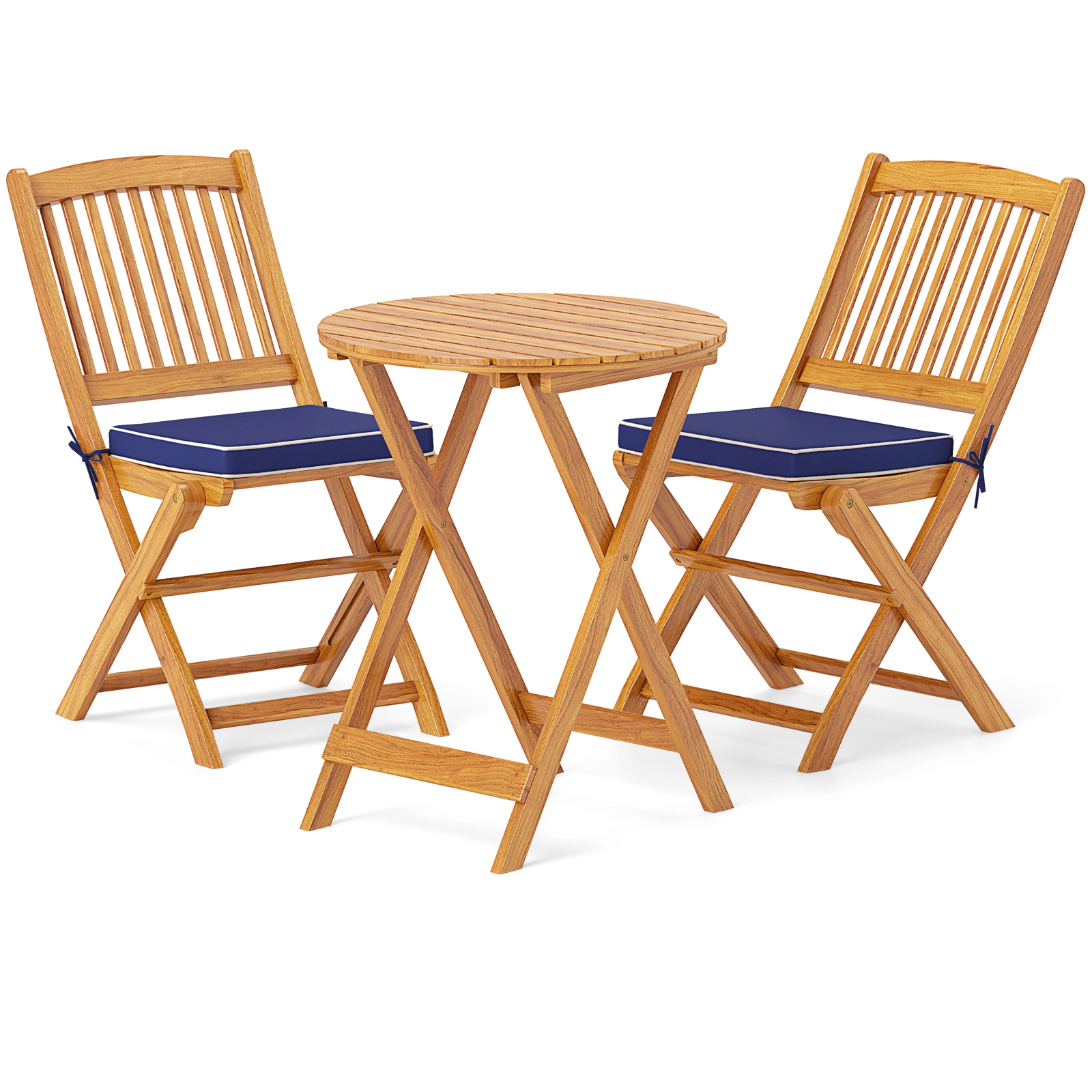 SUGIFT Navy Round Table and Cushions 3-Piece Acacia Wood Folding Patio Bistro Set
