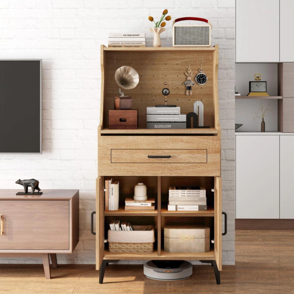 Hivvago Coffee Bar Cabinet With Pegboard  Storage Drawer And Adjustable Shelf-Oak