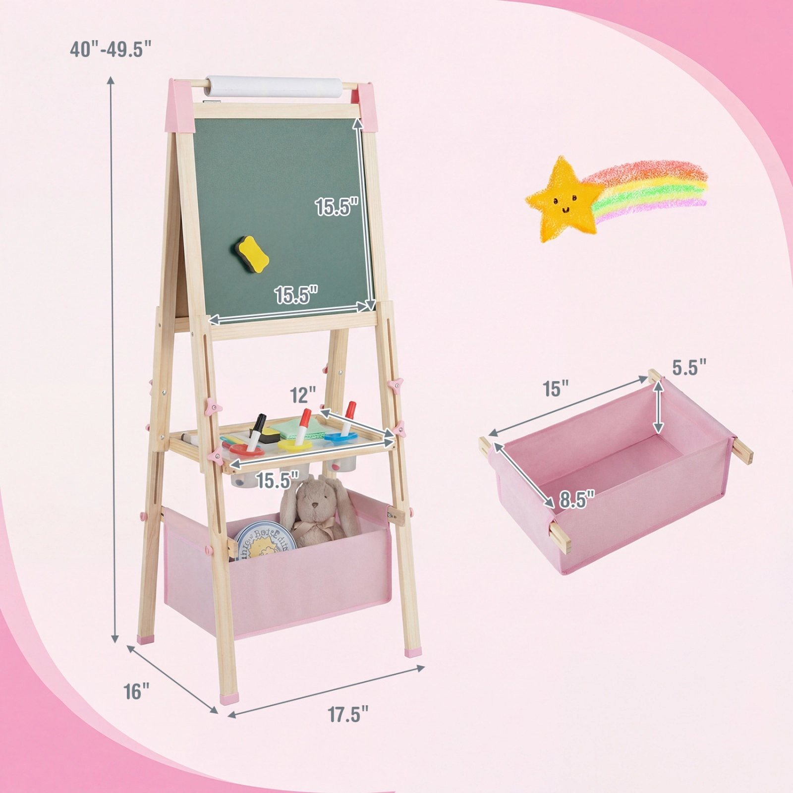 SUGIFT Pink Paper Roll and Storage Bag 3-in-1 Double-Sided Adjustable Kids Easel