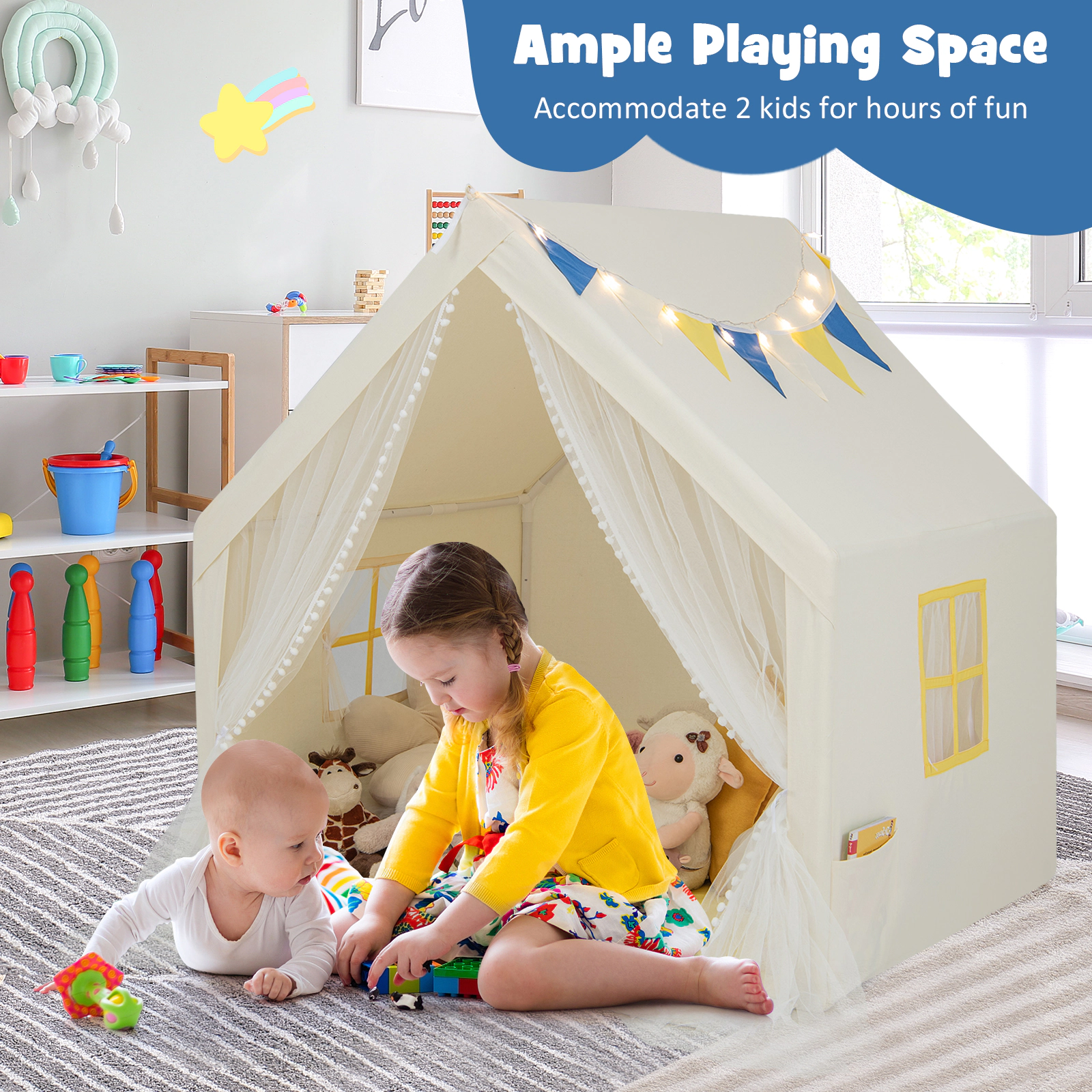SUGIFT Large Kids Play Tent with Washable Padded Mat 50-in Tall Holiday Birthday Gift for Kids Beige