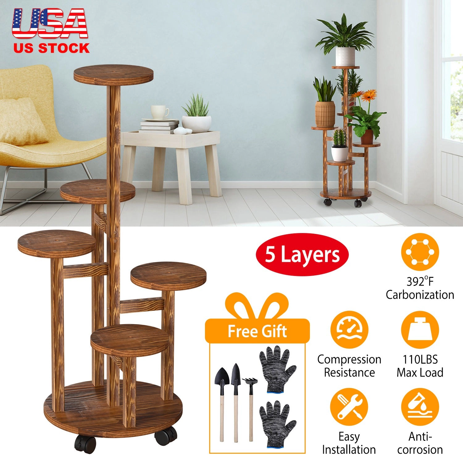 GBruno 5-Tier Rolling Plant Stand With Wheels