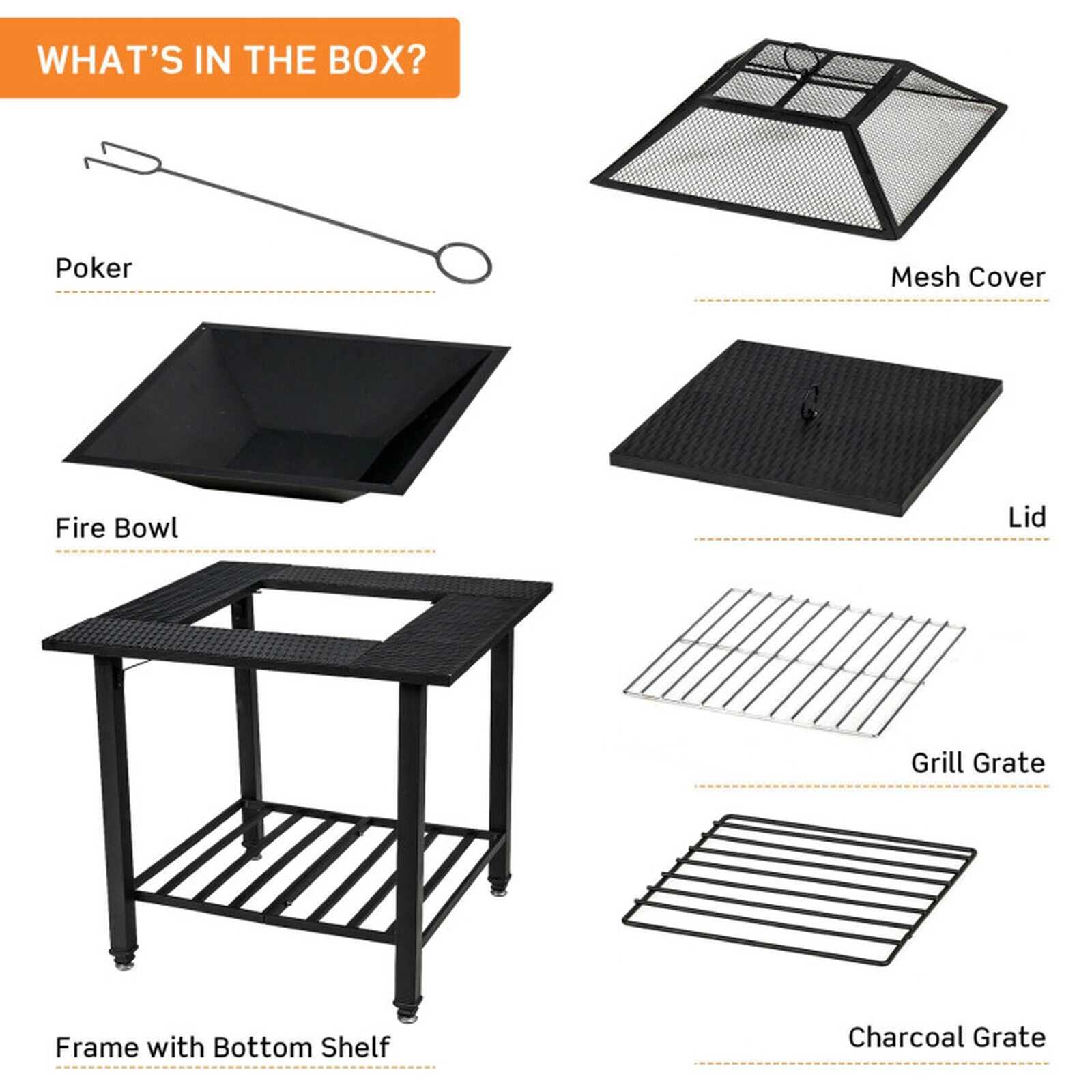 SUGIFT Square Black Fire Pit Dining Table with Grill Grate and Lid 31-in W 31-in D 31-in H 44-lb Tabletop Capacity