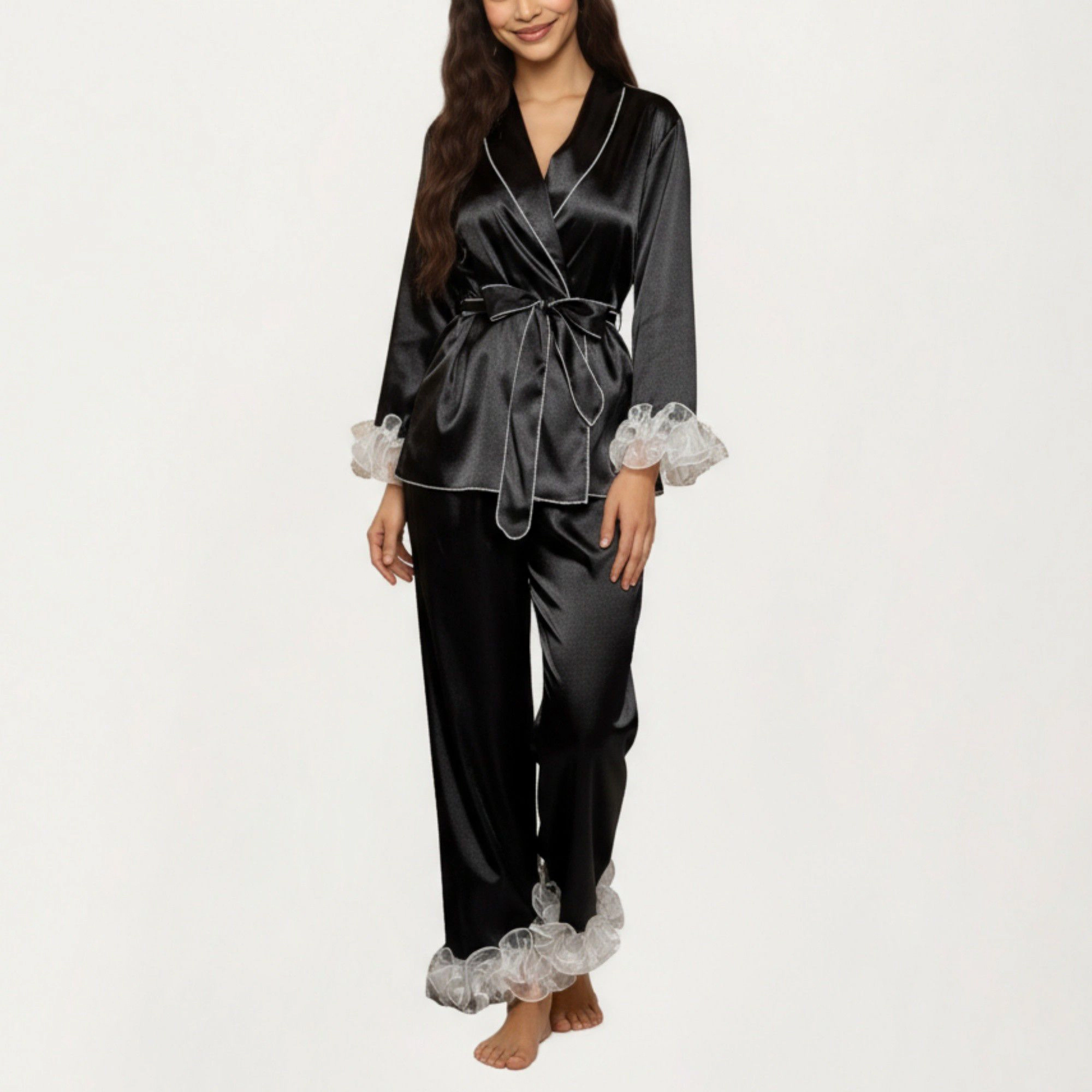 Anna-Kaci Women's 2-Piece Satin Wrap Long Sleeve Feather Trim Top and Straight Leg Pants