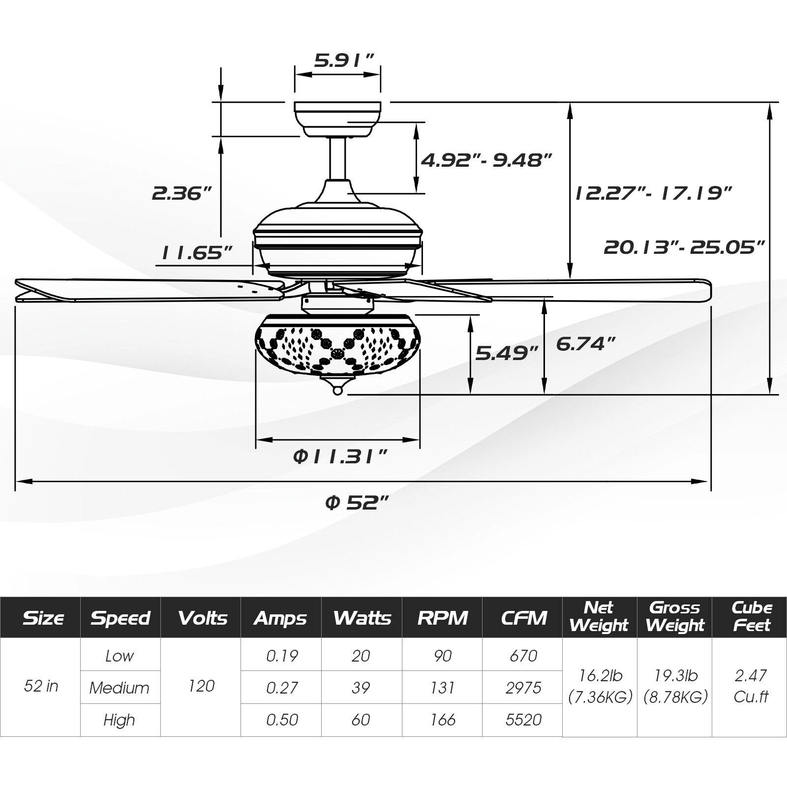 SUGIFT 52-in Retro Ceiling Fan with Remote Control 3 Wind Speeds Reversible Motor 5 Double-Faced Blades Black/Gray