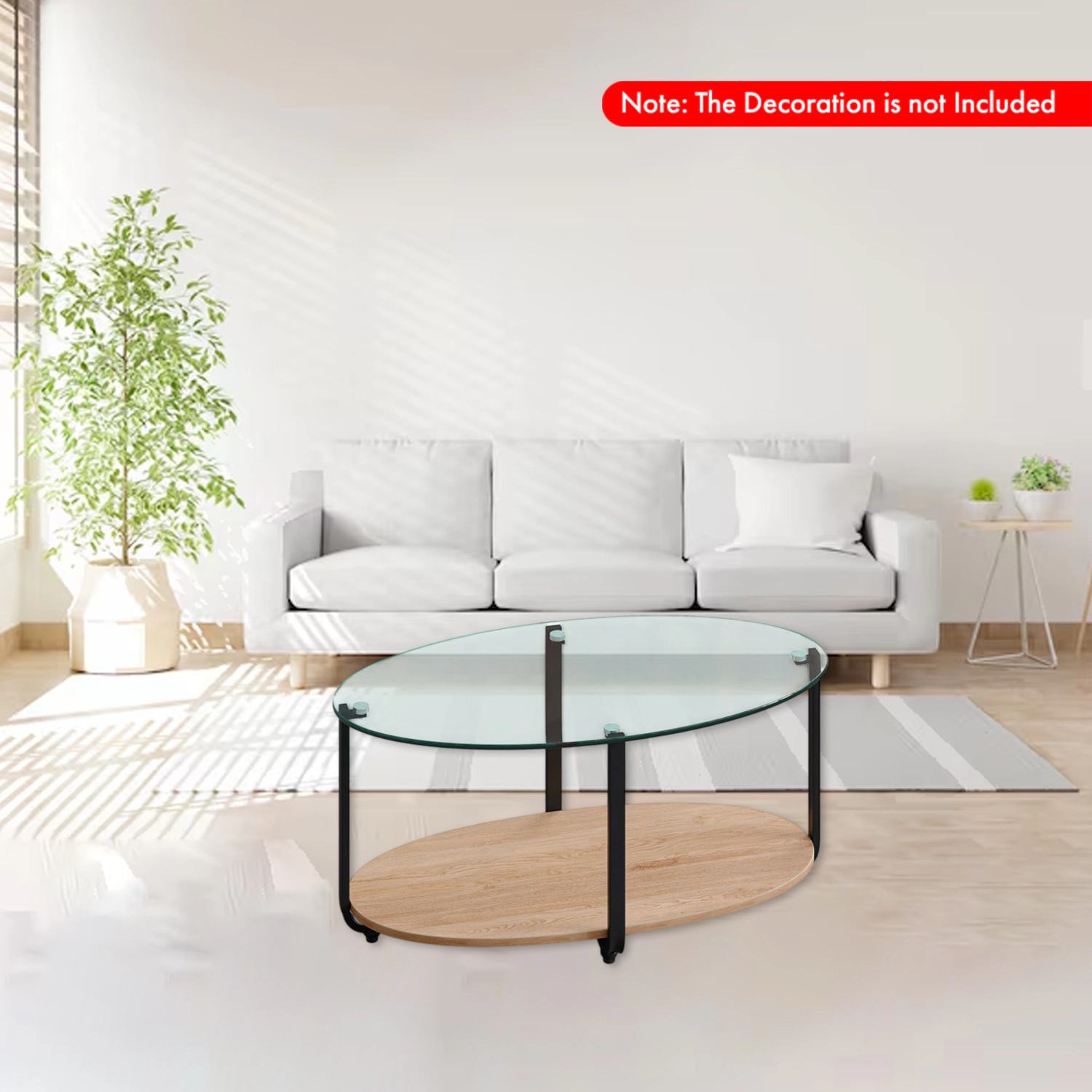 Hivvago Glass Oval Coffee Table with Wooden Storage Shelf