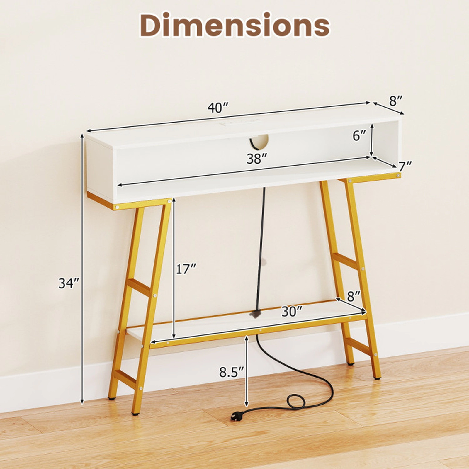 SUGIFT Engineered Wood Metal Frame RGB LED USB C Charging Console Table In White