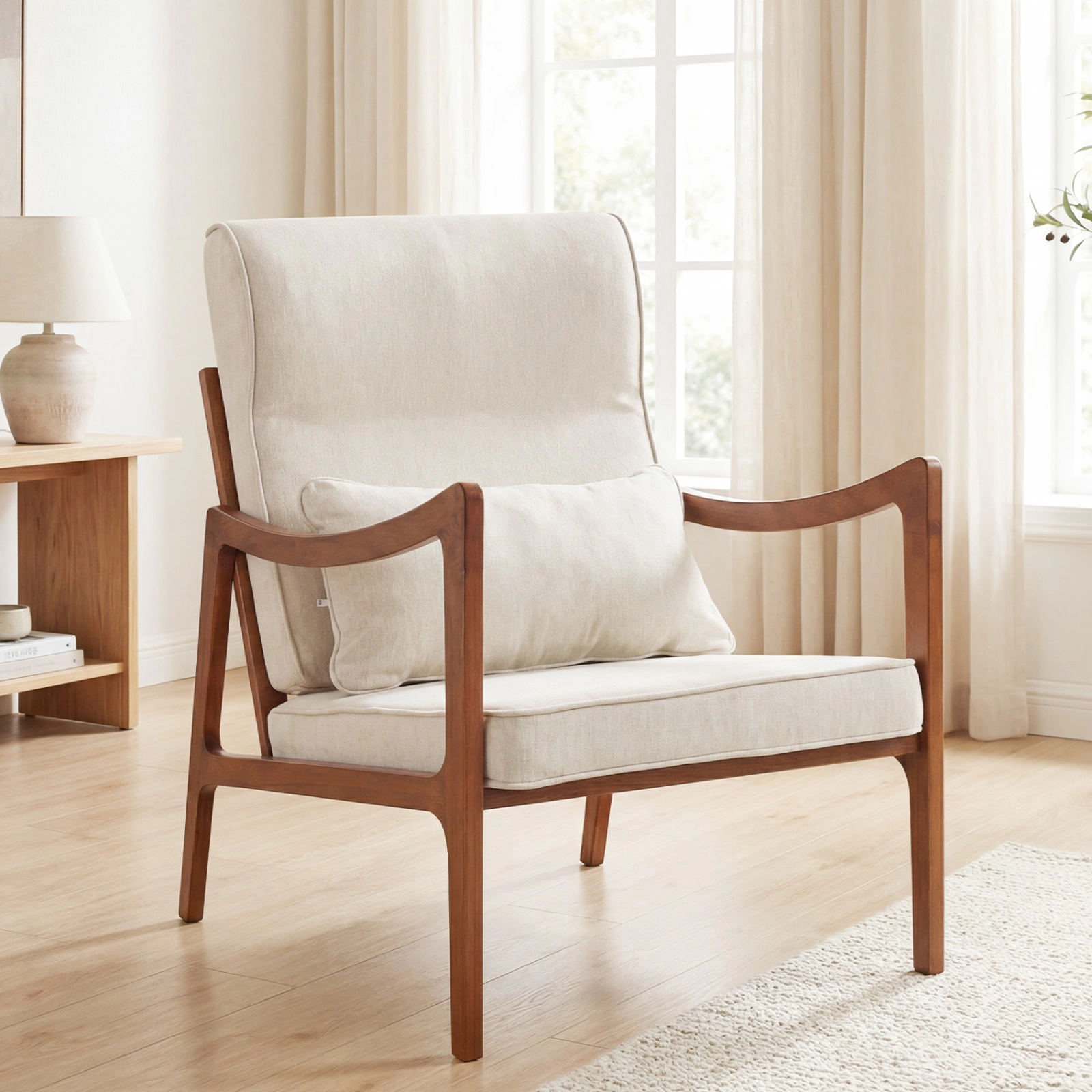 SUGIFT High-Back Accent Armchair, White Faux Leather and Linen, Neck Pillow, Removable Lumbar Cushion