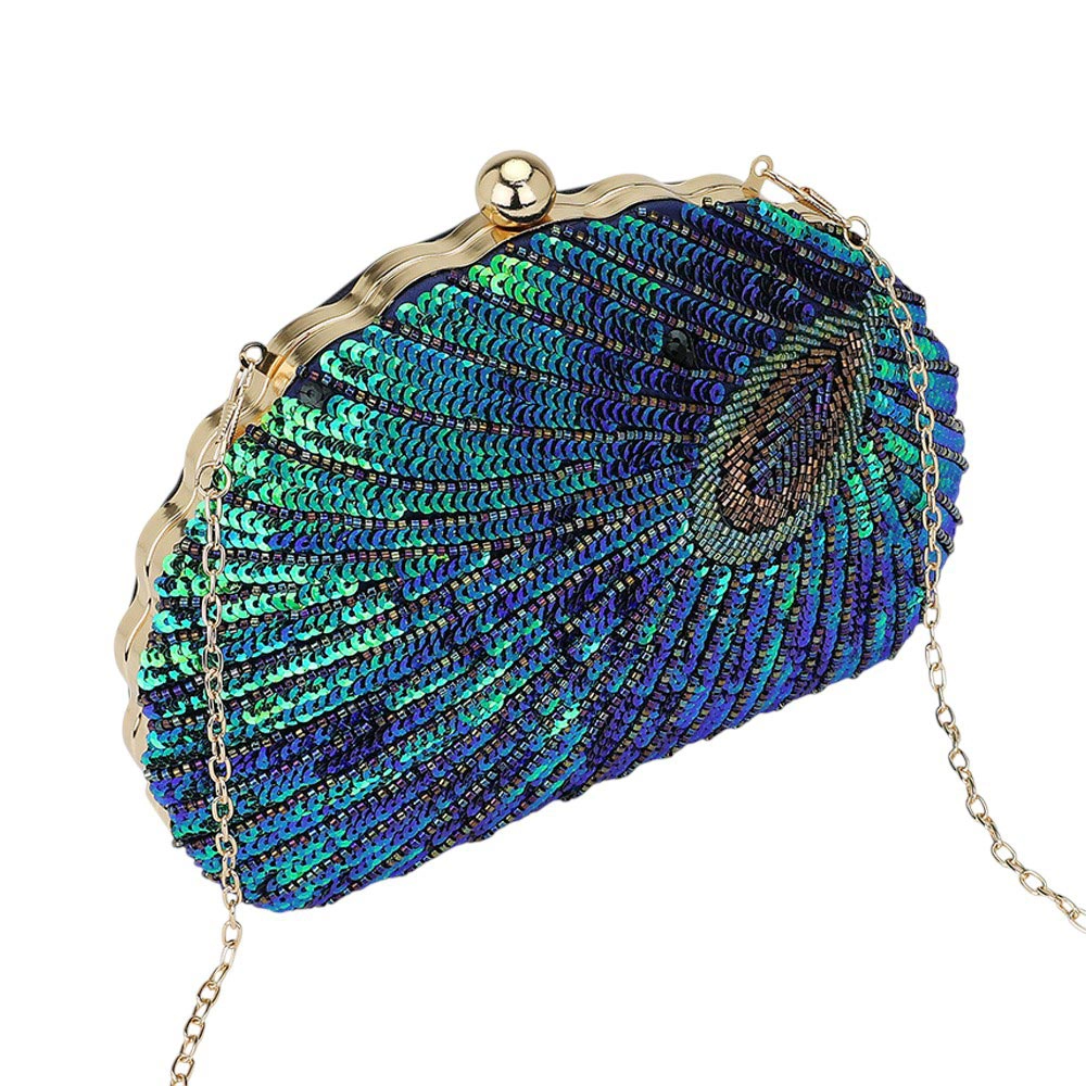 Fashnzfab Beaded Sequin Peacock Clutch Evening Bag Crossbody